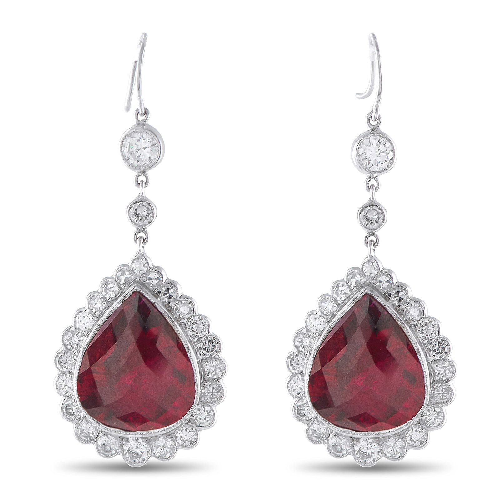 18K White Gold 2.50ct Diamond and Rubellite Earrings: These luxury earrings are simply exquisite. Stylish enough for even your most special occasions, the 18K White Gold settings include Rubellite gemstones with a total weight of 10.40 carats surrounded 
