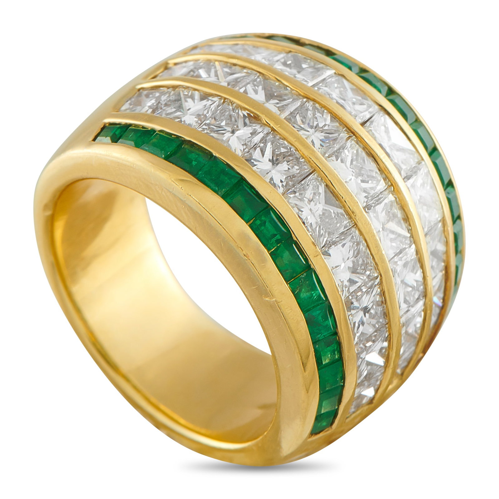 18K Yellow Gold 4.97ct Diamond and Emerald Ring: A classic design means this luxury ring will never go out of style. Set in 18K Yellow Gold, bands of Emeralds totaling 2.49 carats add a pop of color to this exquisite piece. Square cut Diamonds with 