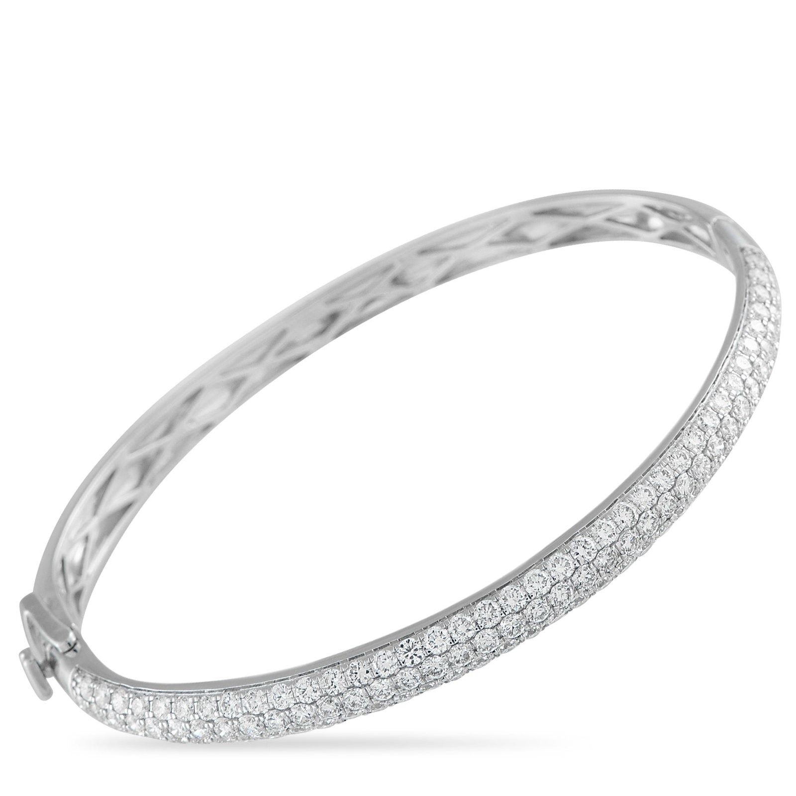14K White Gold 3.75ct Diamond Pave Bangle: Expect a bright, icy shine from this bangle adorned with 3.75 carats of pavé diamonds. Set on a white gold base, the stones blend into the metal, creating a seamless sweep of light across the wrist. 