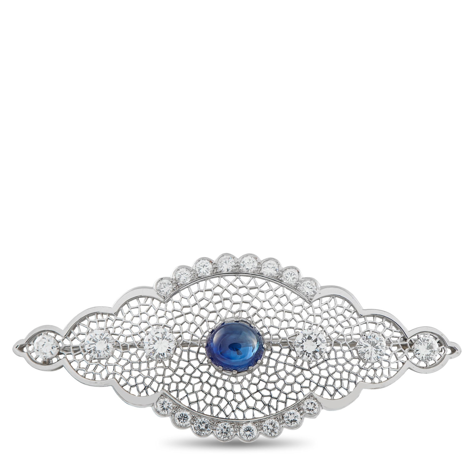 Platinum 2.50ct Diamond and Sapphire Brooch: This brooch is full of intricate details. Crafted from Platinum, the stunning openwork design is elevated by sparkling Diamonds with a total weight of 2.50 carats. A 2.85 carat Sapphire center stone m