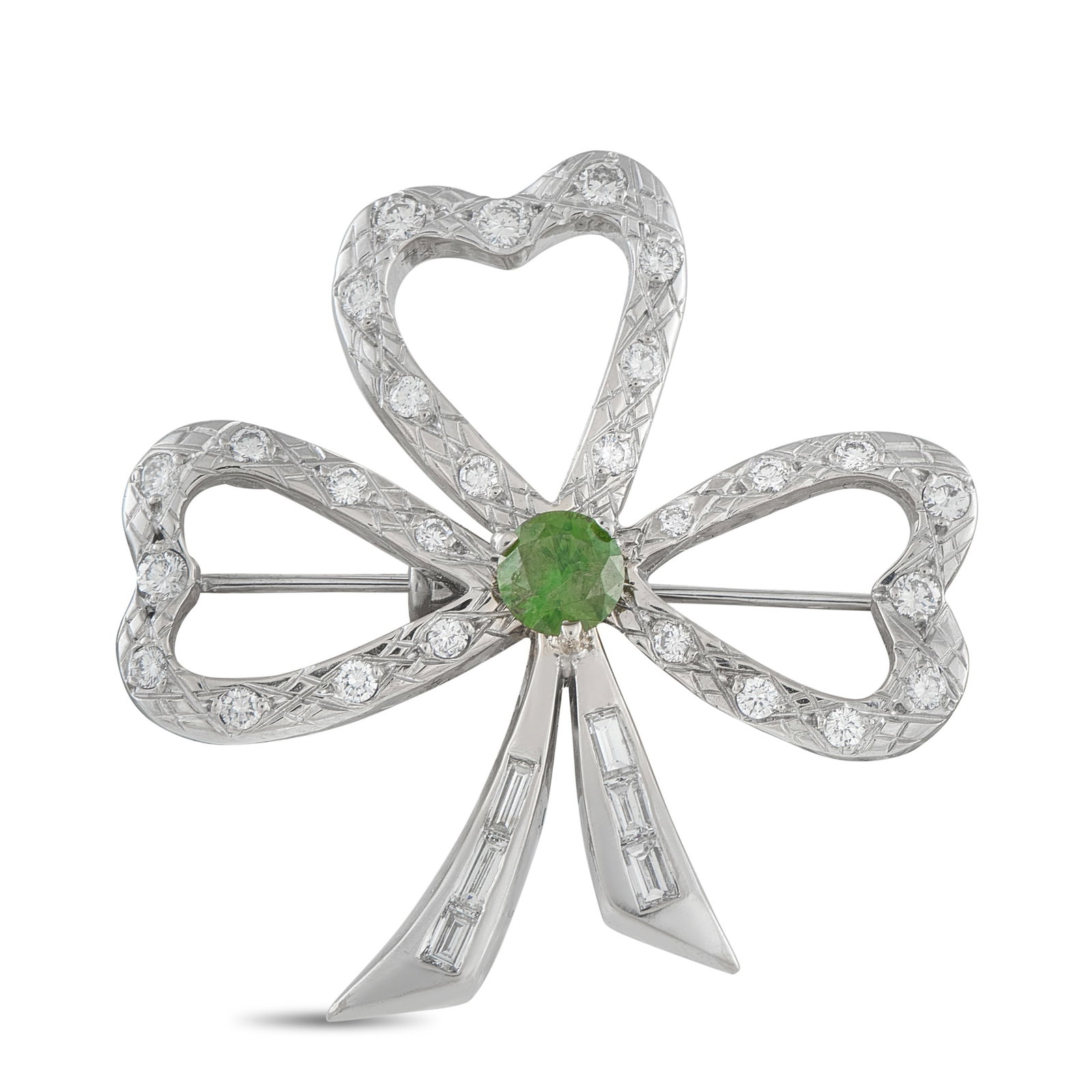 18K White Gold 1.15ct Diamond and Demantoid Clover Brooch: Openwork details make this clover brooch a stylish addition to any ensemble. Set in 18K White Gold, Diamonds with a total weight of 1.15 carats allow it to effortlessly catch the light every time it��