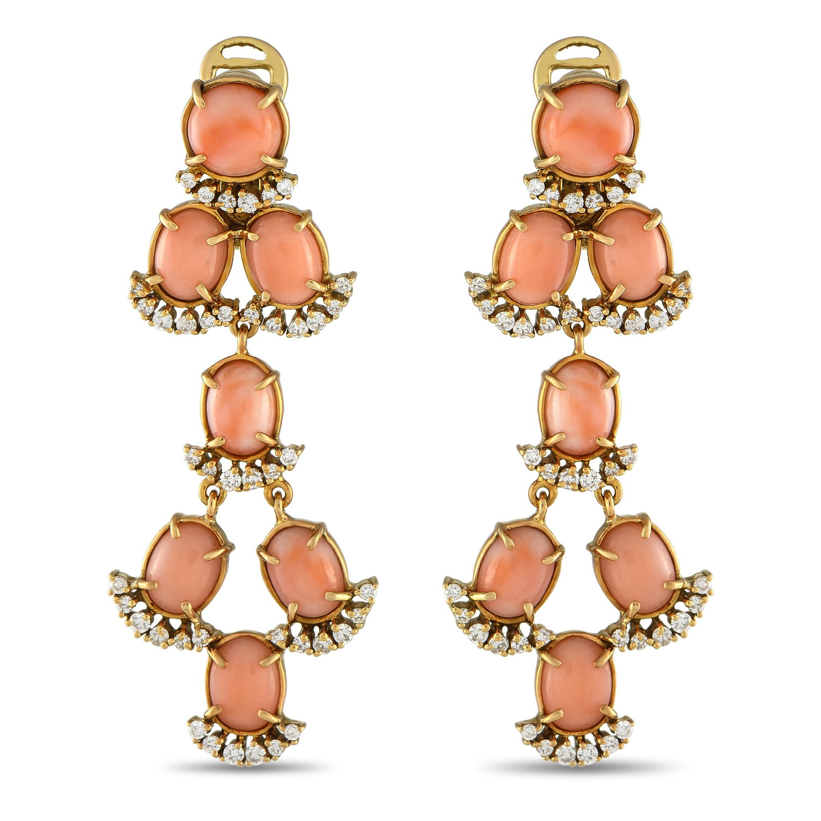 Laura Munder 18K Yellow Gold 1.35ct Diamond and Coral Clip: These stylish Laura Munder earrings will add a playful pop of color to any ensemble. Coral stones are beautifully complemented by the 18K Yellow Gold setting. Diamond accents totaling 1.35 carats add 