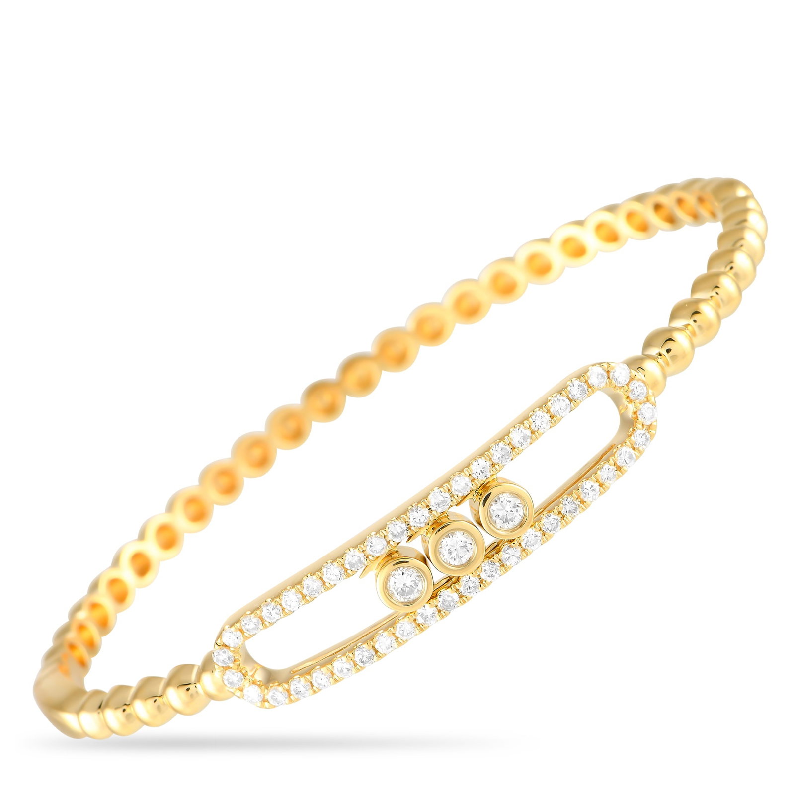 18K Yellow Gold 0.85ct Diamond Bracelet: This 18K Yellow Gold bangle bracelet will never go out of style. Elegant and understated, this impressive accessory combines a beaded band with sparkling Diamonds totaling 0.85 carats – including a 