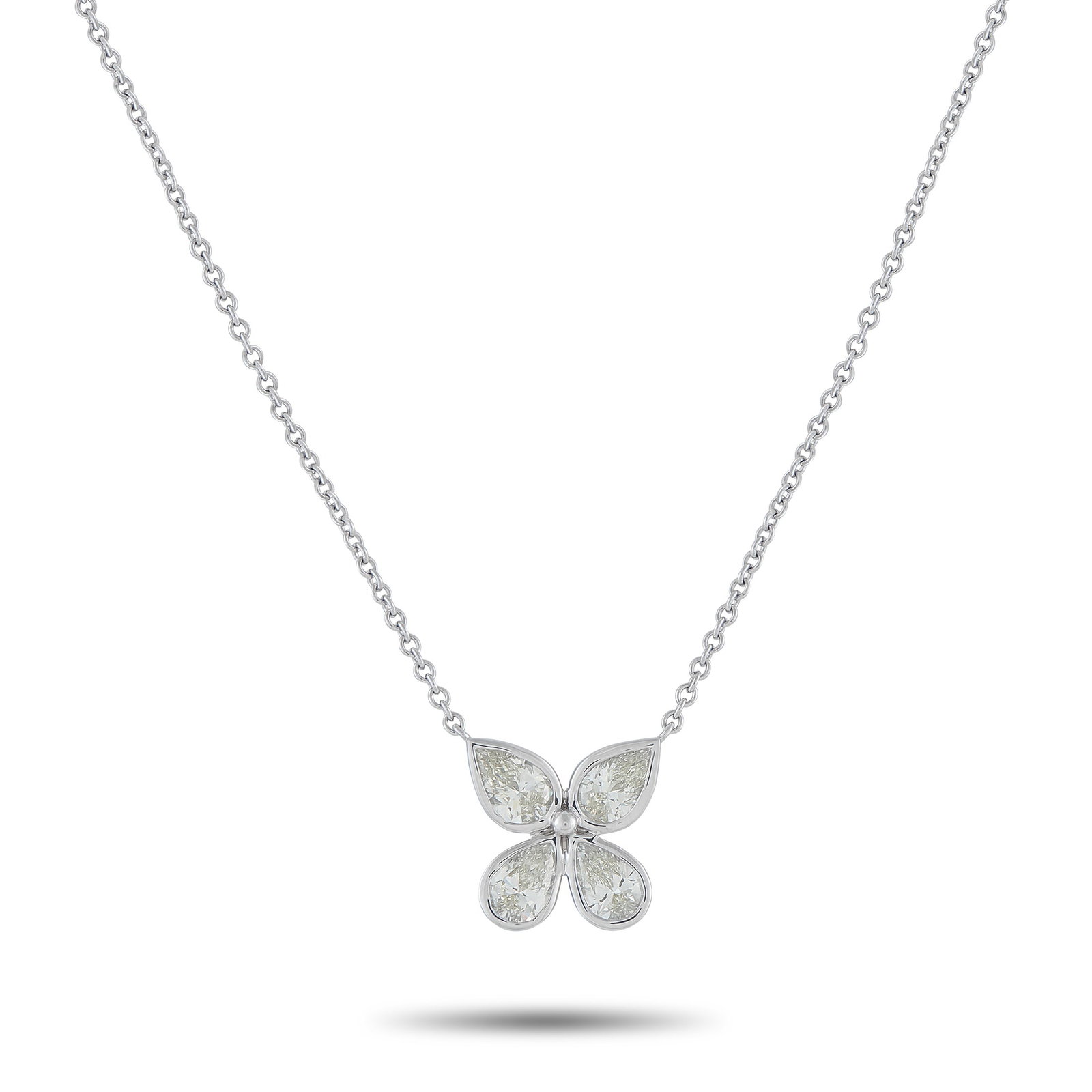 18K White Gold 2.35ct Diamond Flower Necklace: Pear shaped Diamonds with a total weight of 2.35 carats makes this necklace simply unforgettable. Ideal for everyday wear, the 18K White Gold pendant measures 0.50” round and is suspended at the