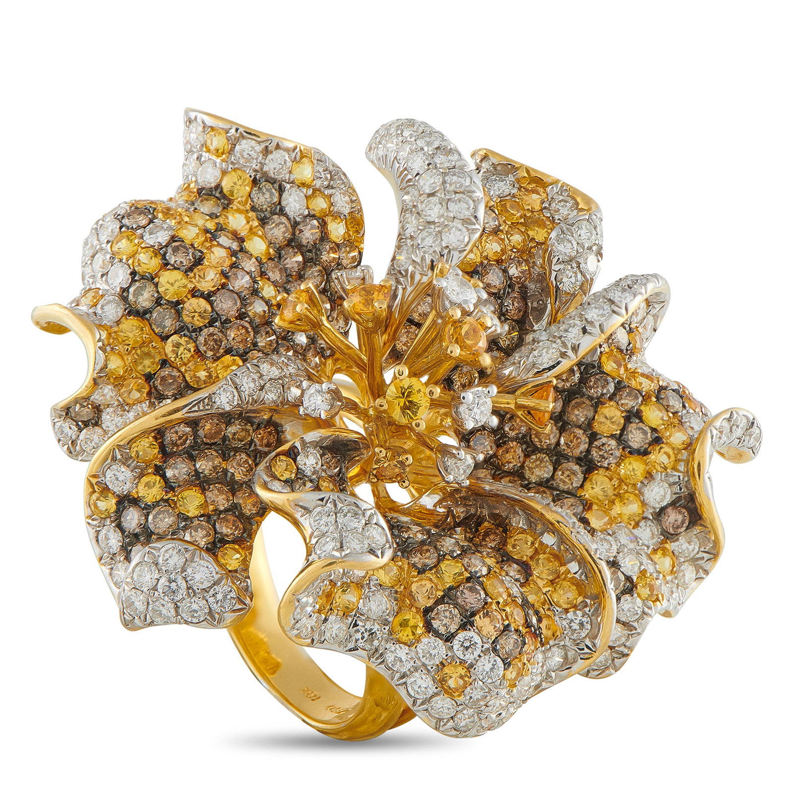 18K Yellow Gold 5.56ct Diamond and Sapphire Hibiscus Ring: Tropical sunshine captured in gold, this ring channels island flora through its commanding profile. Rising 19mm from a 4mm yellow gold band, the hibiscus-shaped centerpiece unfurls in curling petals s