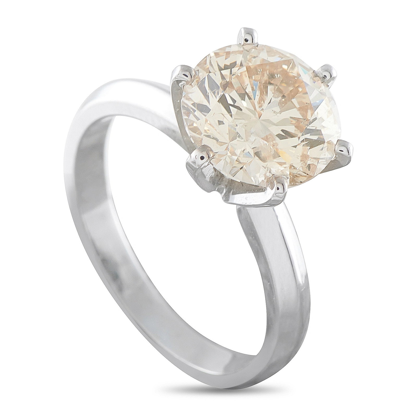 14K White Gold 3.0ct Diamond Solitaire Ring: A commanding 14-karat white gold solitaire ring presenting a substantial 3.00-carat round brilliant diamond in a classic six-prong basket setting atop a clean, tapered polished band. The center stone 