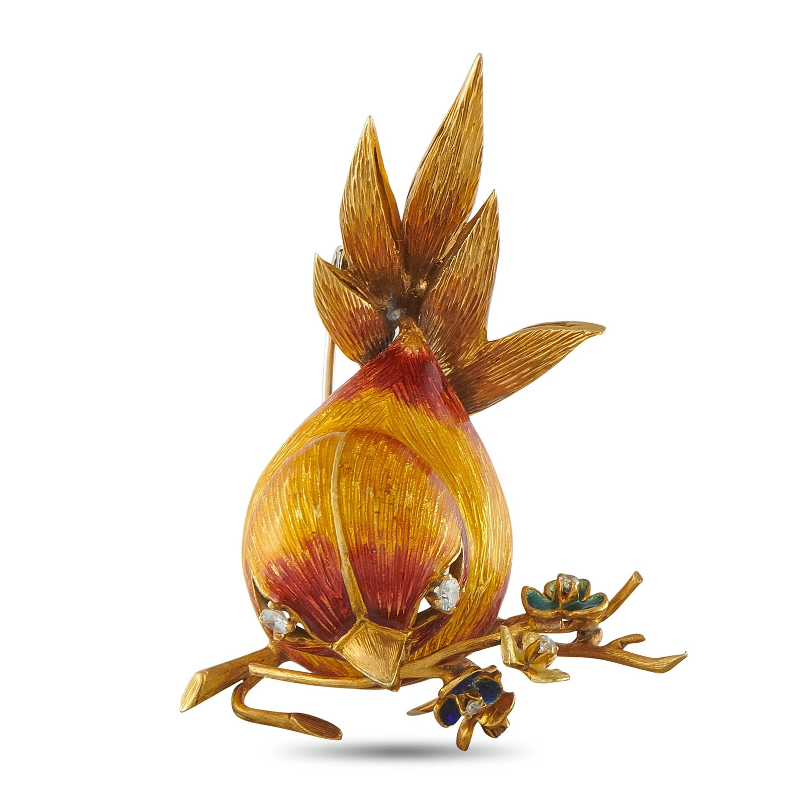 18K Yellow Gold 0.20ct Diamond and Enamel Bird Brooch: This retro brooch features a captivating design that draws inspiration from nature. Shaped like a bird perched upon a branch, this accessory’s straight-on view makes it incredibly unique. Textured 1