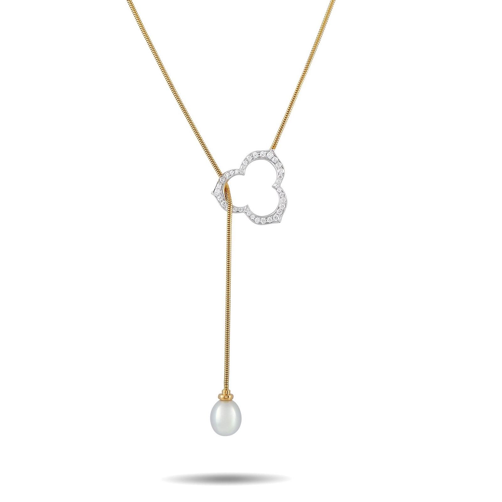Angela Cummings 18K Yellow Gold Diamond and Pearl Lariat Necklace: A sleek, sophisticated design makes this Angela Cummings lariat necklace an elegant addition to any ensemble. The textured 18K Yellow Gold chain features a luminous Pearl, which drops vertically throu