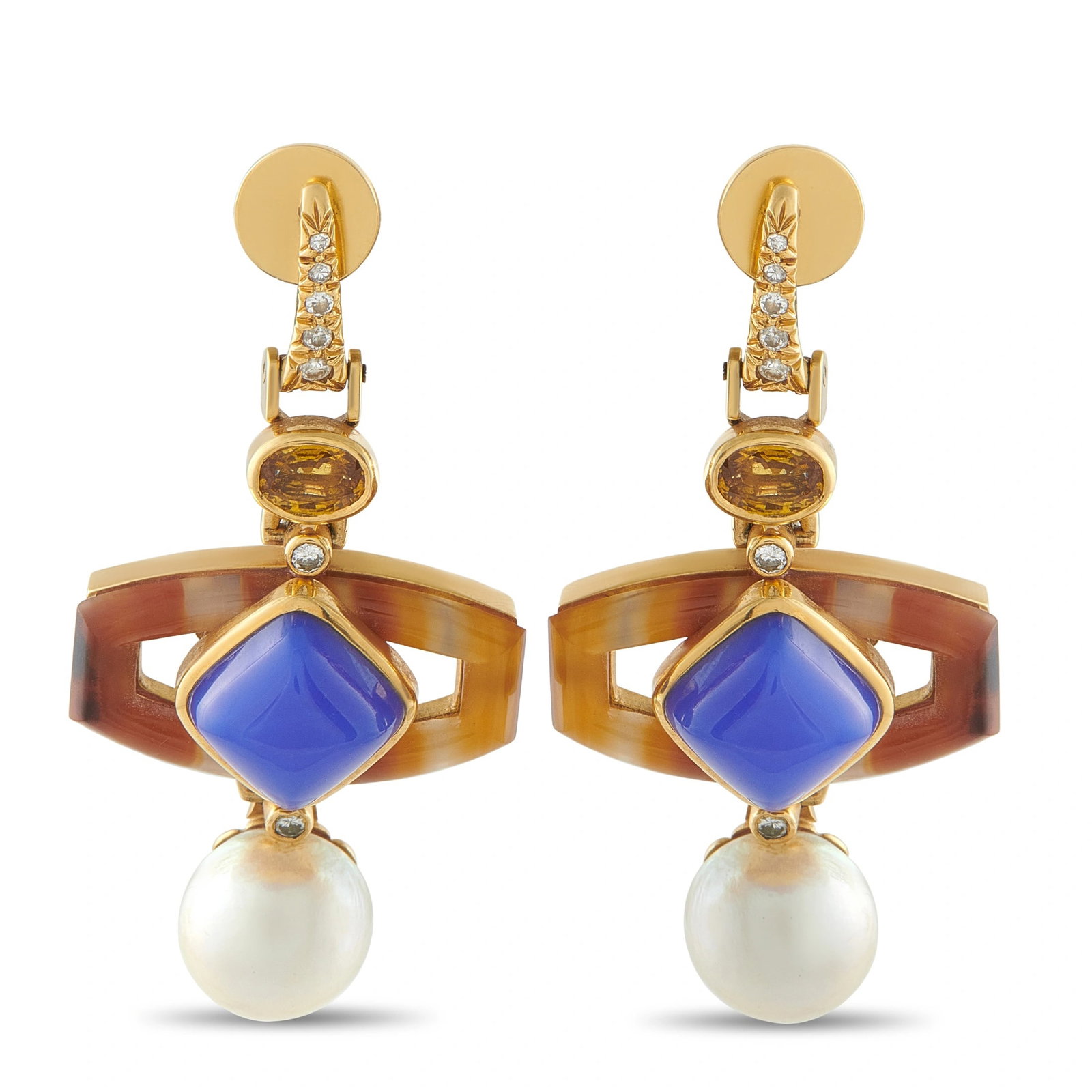 18K Yellow Gold 0.28ct Diamond, Pearl, Tourmaline, Agate, and Chalcedony Drop Earrings: These drop earrings are crafted in 18K yellow gold and feature a banded agate plaque centered with a cabochon blue chalcedony, suspended above a bezel-set tourmaline and finished with a lustrous 13mm 