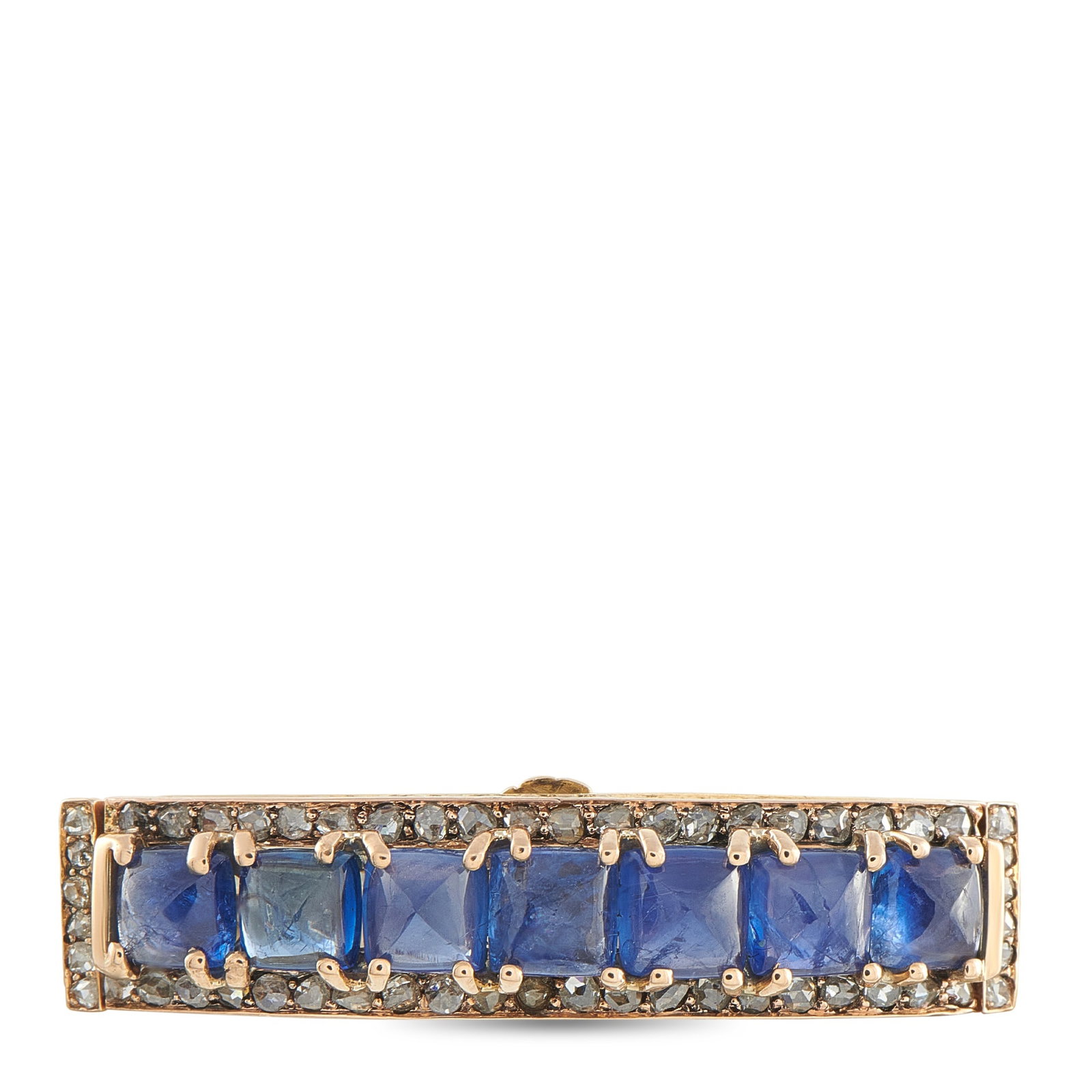 18K Rose Gold 1.0ct Diamond and Sapphire Brooch: A series of Sapphires totaling 6.0 carats adds a stylish pop of color to the center of this simple, elegant brooch. Crafted from 18K Rose Gold, Diamond accents totaling 1.0 carats surround the perimet