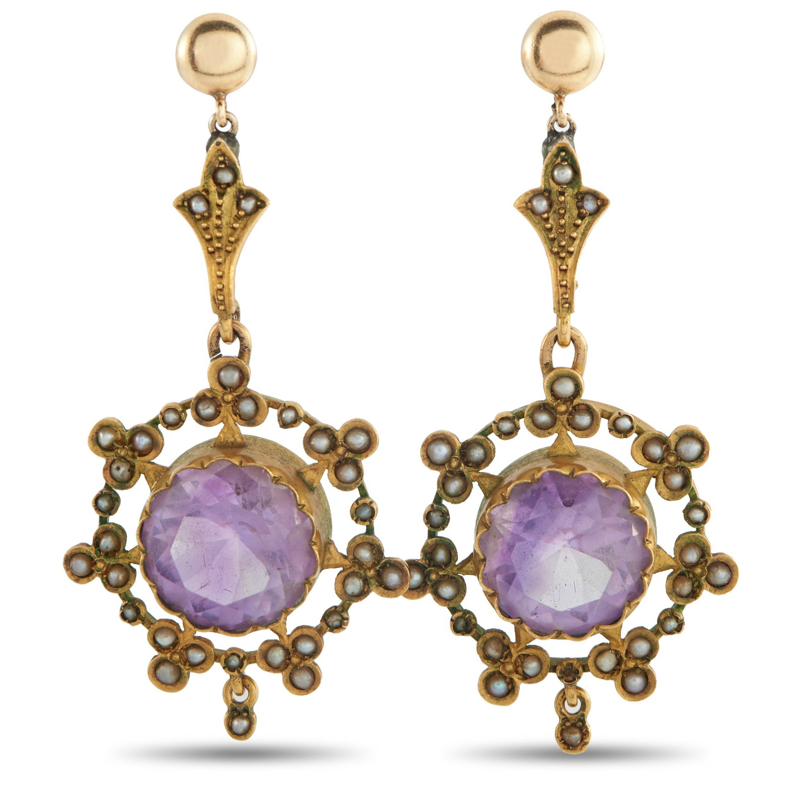 Antique 18K Yellow Gold Amethyst and Seed Pearl Earrings: These antique earrings are a veritable work of art. Amethyst gemstones make a statement at the center of the delicate 18K Yellow Gold settings. Seed Pearl accents add depth and dimension to the overal