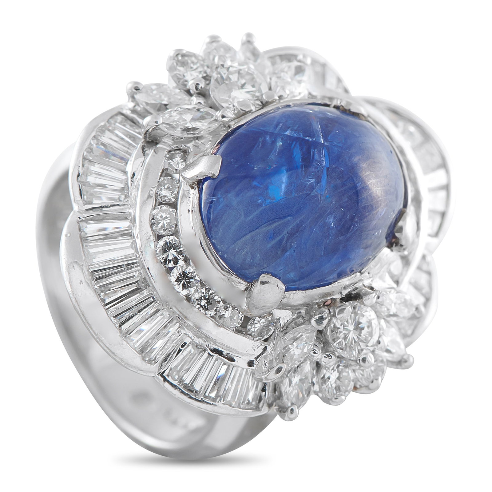 Platinum 4.50ct Diamond and Sapphire Ring: This luxury ring is bold, breathtaking, and impossible to ignore. A 10.04 carat Sapphire cabochon makes a statement, while sparkling Diamonds totaling 4.50 carats add dazzling sparkle from their place