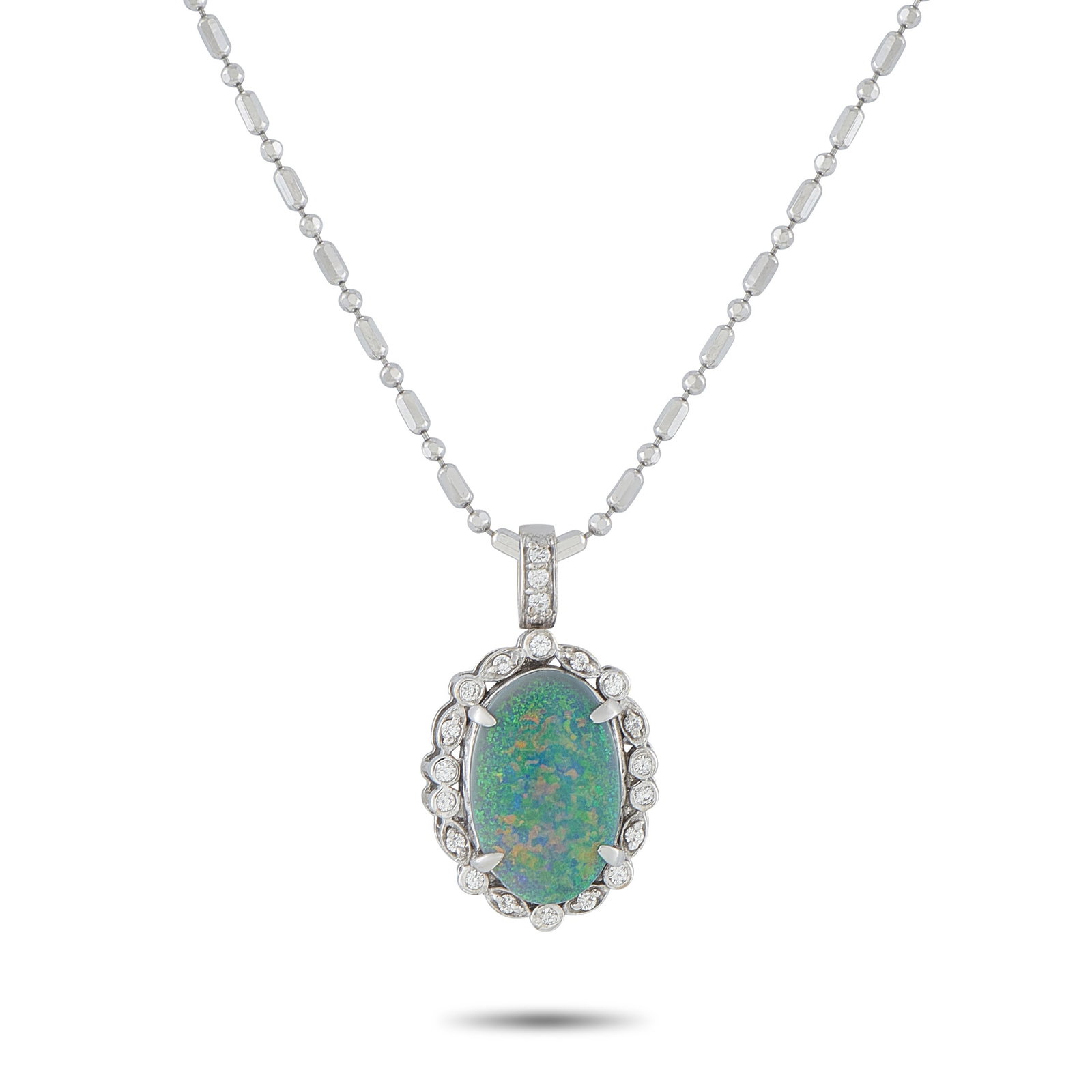 18K White Gold 0.20ct Diamond and Opal Pendant: A 3.05 carat green Opal center stone adds color, texture, and dimension to this captivating necklace. Set in 18K White Gold, Diamonds totaling 0.20 carats surround the center stone for an added touch 