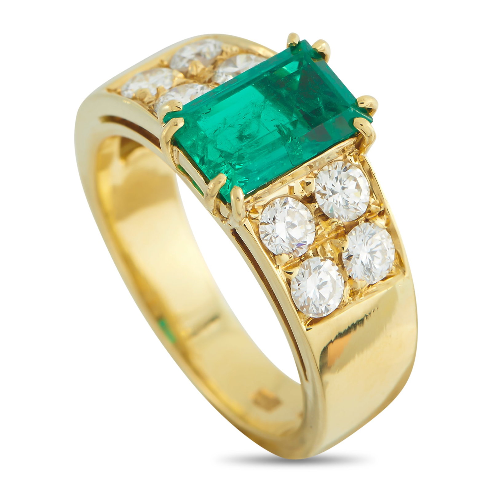 18K Yellow Gold Diamond and 1.79ct Emerald Ring: A striking combination of colors and textures make this luxury ring simply unforgettable. The clean, classic design comes to life thanks to a vibrant 1.79 carat Emerald and sparkling Diamond accents. 