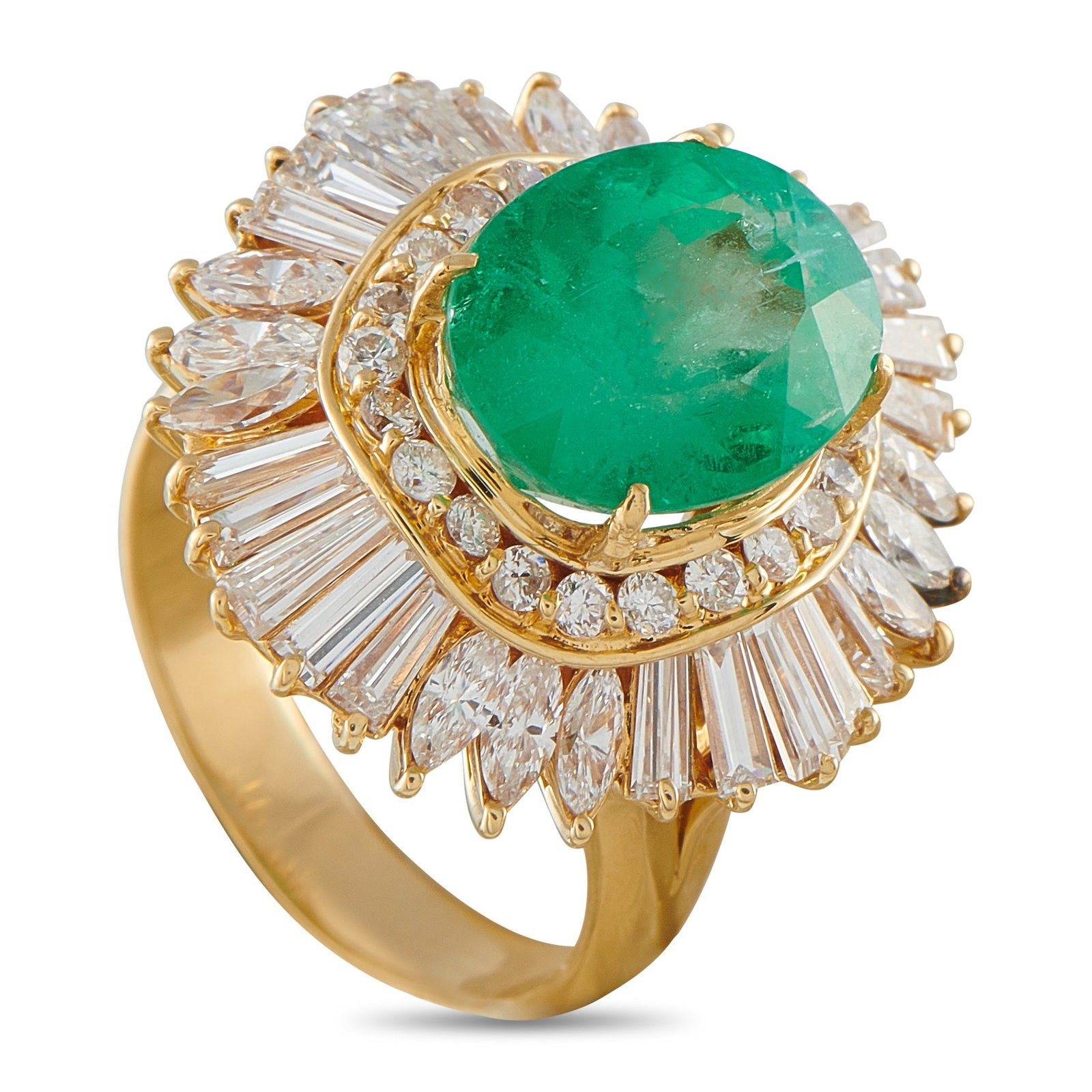 18K Yellow Gold 2.42ct Diamond and Emerald Ring: This luxury ring is positively radiant. A 4.60 carat oval emerald makes a statement at the center of the breathtaking design, while a dynamic halo of diamonds made up of 0.40 carats of 22 round brilli