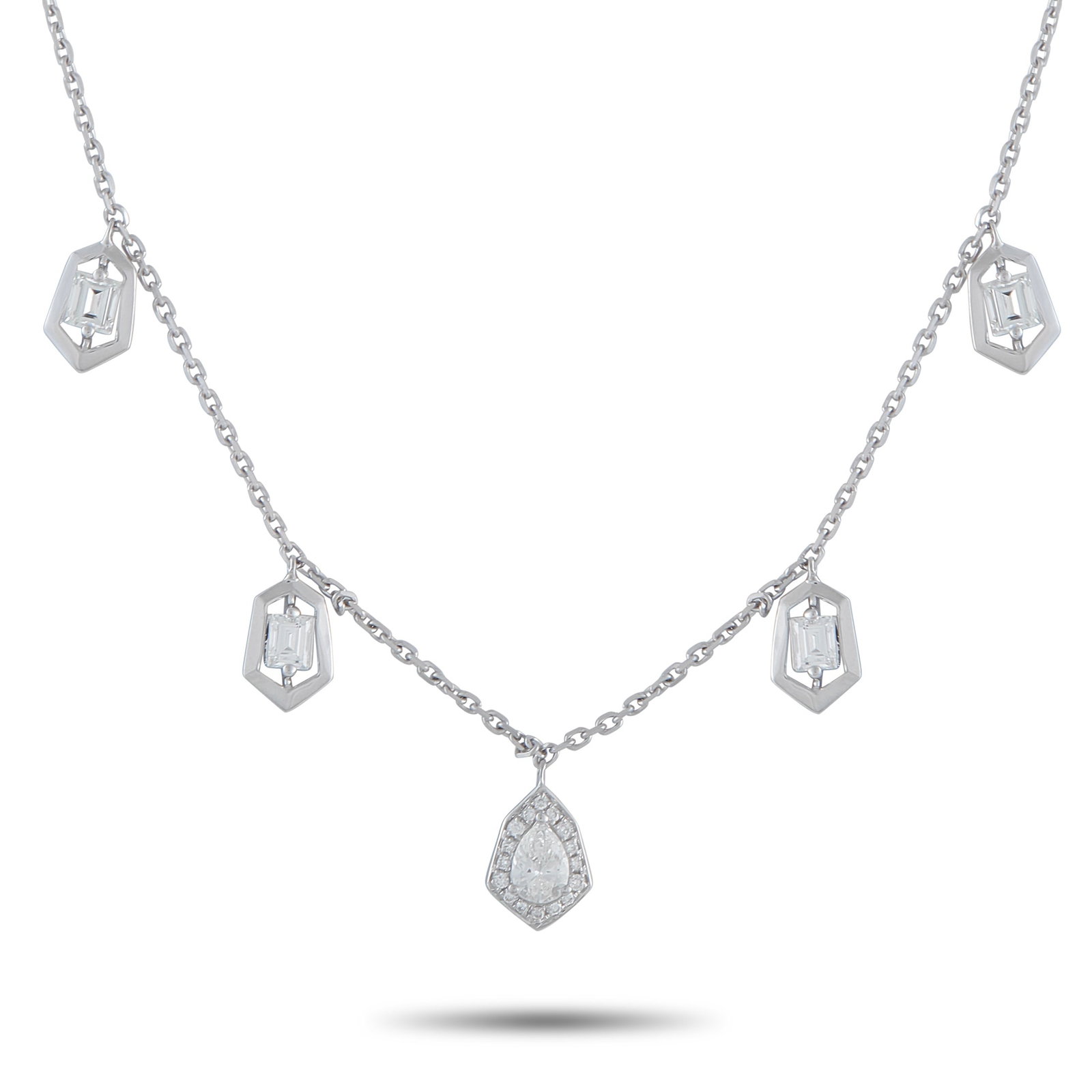 18K White Gold 1.37ct Diamond Necklace: This luxury necklace will add charm and sophistication to any ensemble. Set in 18K White Gold, a series of pendants are suspended from this piece’s delicate 18” chain. Diamonds with a total we