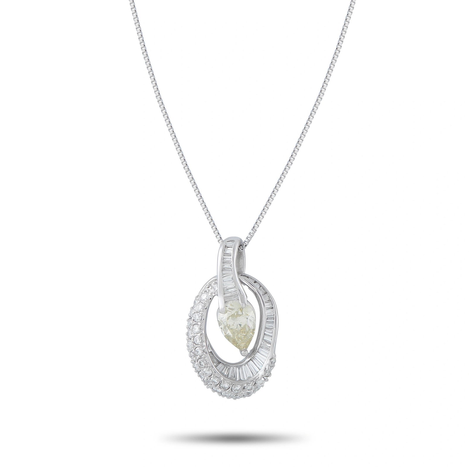 Platinum 1.78ct Diamond Oval Halo Pendant: A platinum pendant featuring a 1.03 ct pear-shaped fancy light yellow diamond at center, set within an oval halo of baguette and round diamonds totaling 0.75 ct, suspended on a 17? platinum box
