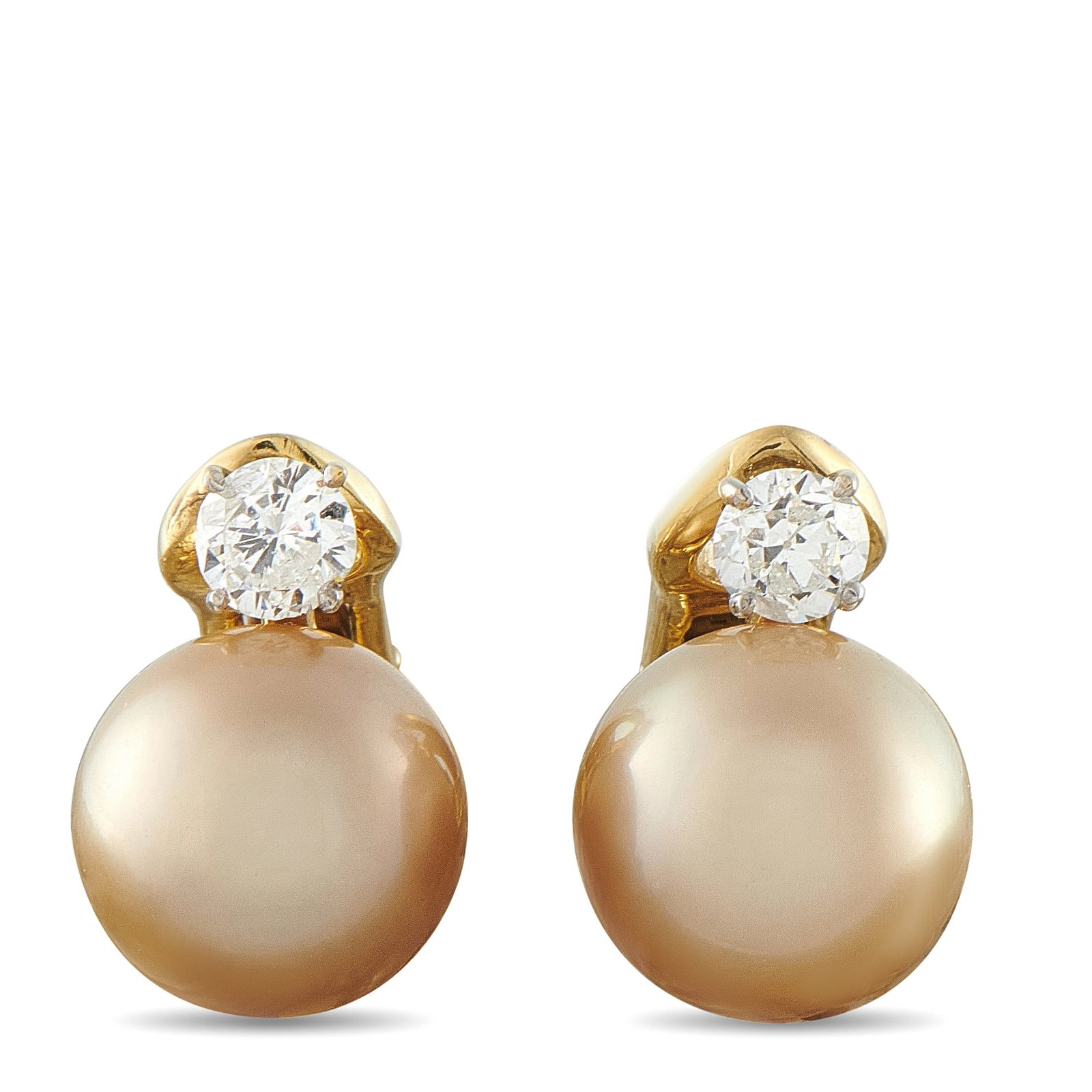 18K Yellow Gold 0.60ct Diamond South Sea Golden Pearl Earrings: These earrings are crafted in 18K yellow gold, each featuring a lustrous 10.6mm golden South Sea pearl beneath a round brilliant diamond, totaling approximately 0.60 carat combined. The pair weighs