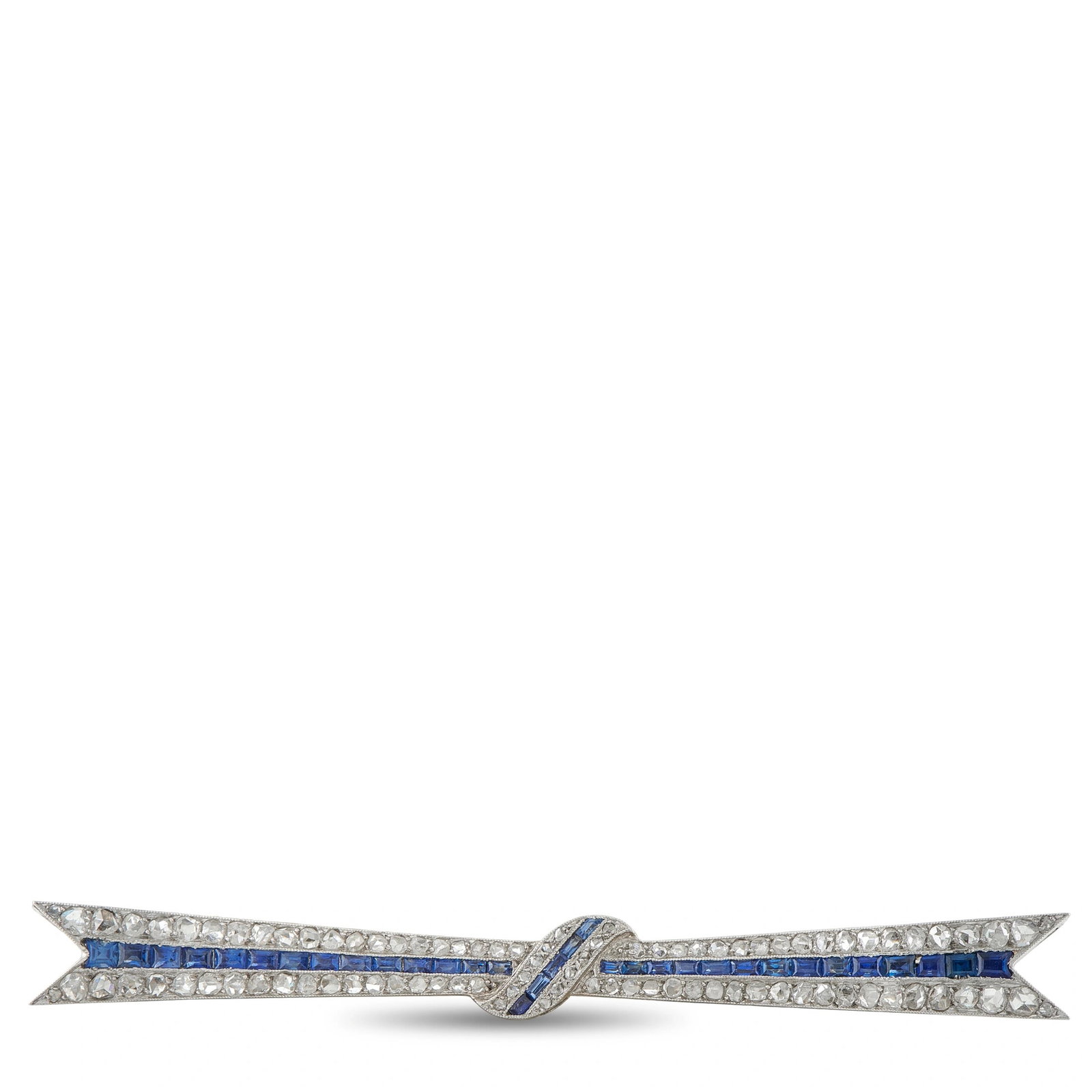 18K White Gold 2.10ct Diamond and Sapphire Art Deco Bow Brooch: This French Art Deco brooch is crafted in 18K white gold in a stylized ribbon bow motif, pave-set with rose-cut diamonds totaling approximately 2.10 carats and channel-set sapphires totaling