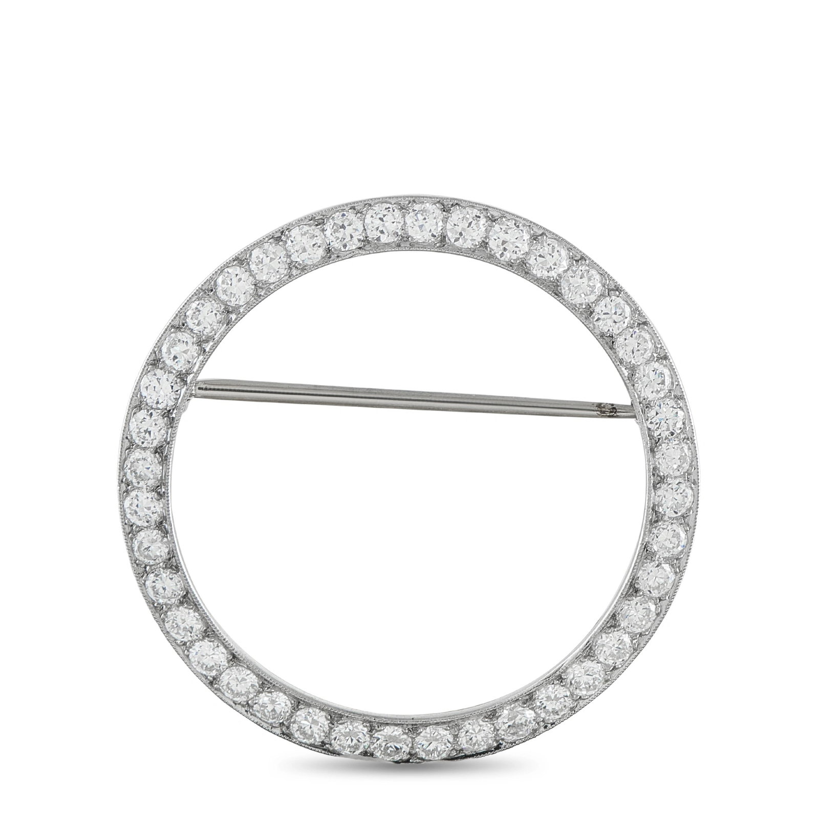 Platinum 2.25ct Diamond Circle Brooch: A timeless estate platinum circle brooch of pure, understated elegance. The open circle form is set entirely around its circumference with a continuous row of round brilliant diamonds totaling approxi