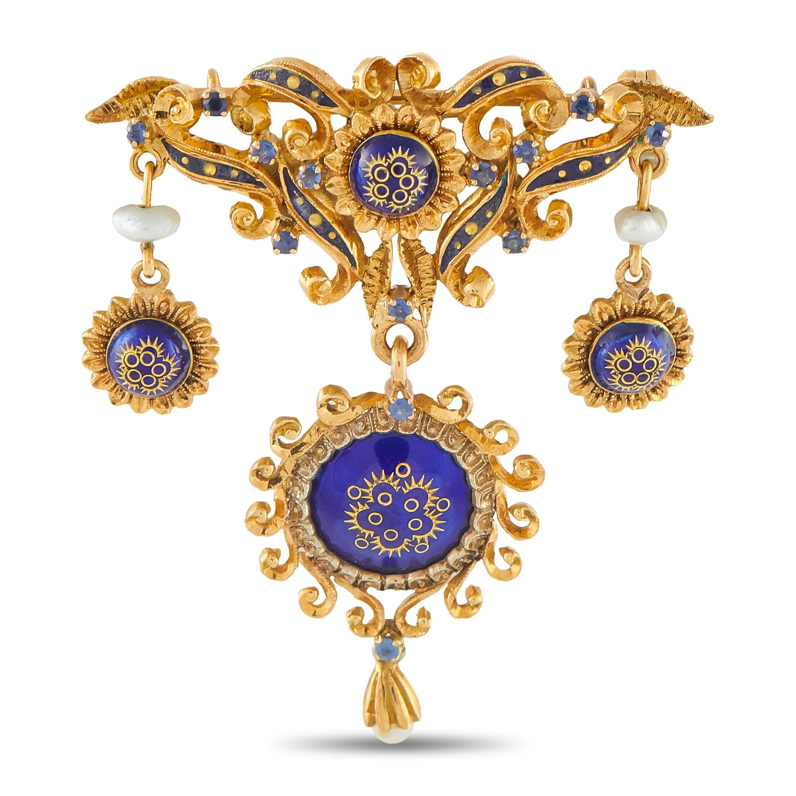 Antique 18K Yellow Gold Pearl and Enamel Brooch: This antique brooch is filled with dynamic details. The intricate metalwork is elevated by rich blue Enamel accents. Pearls create stunning contrast and instantly elevate the overall design. Set in 18