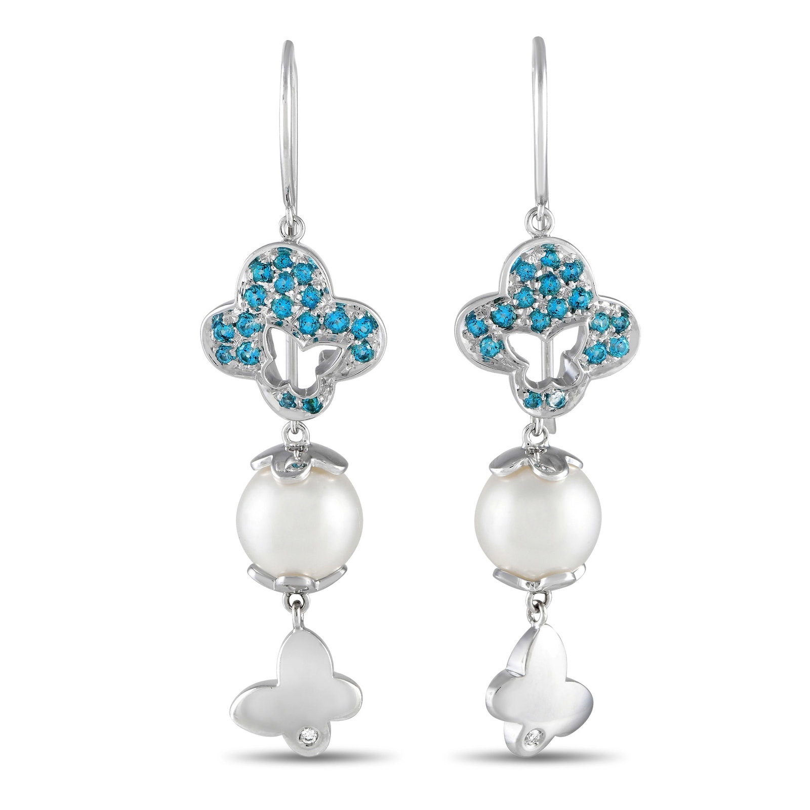 IO SI 18K White Gold 0.02ct Diamond and Blue Gemstone Earrings: Butterfly motifs can be found throughout these simple, stylish Io Si earrings. The 18K white gold setting provides the perfect backdrop for sparkling blue gemstones and diamonds with a total weight of
