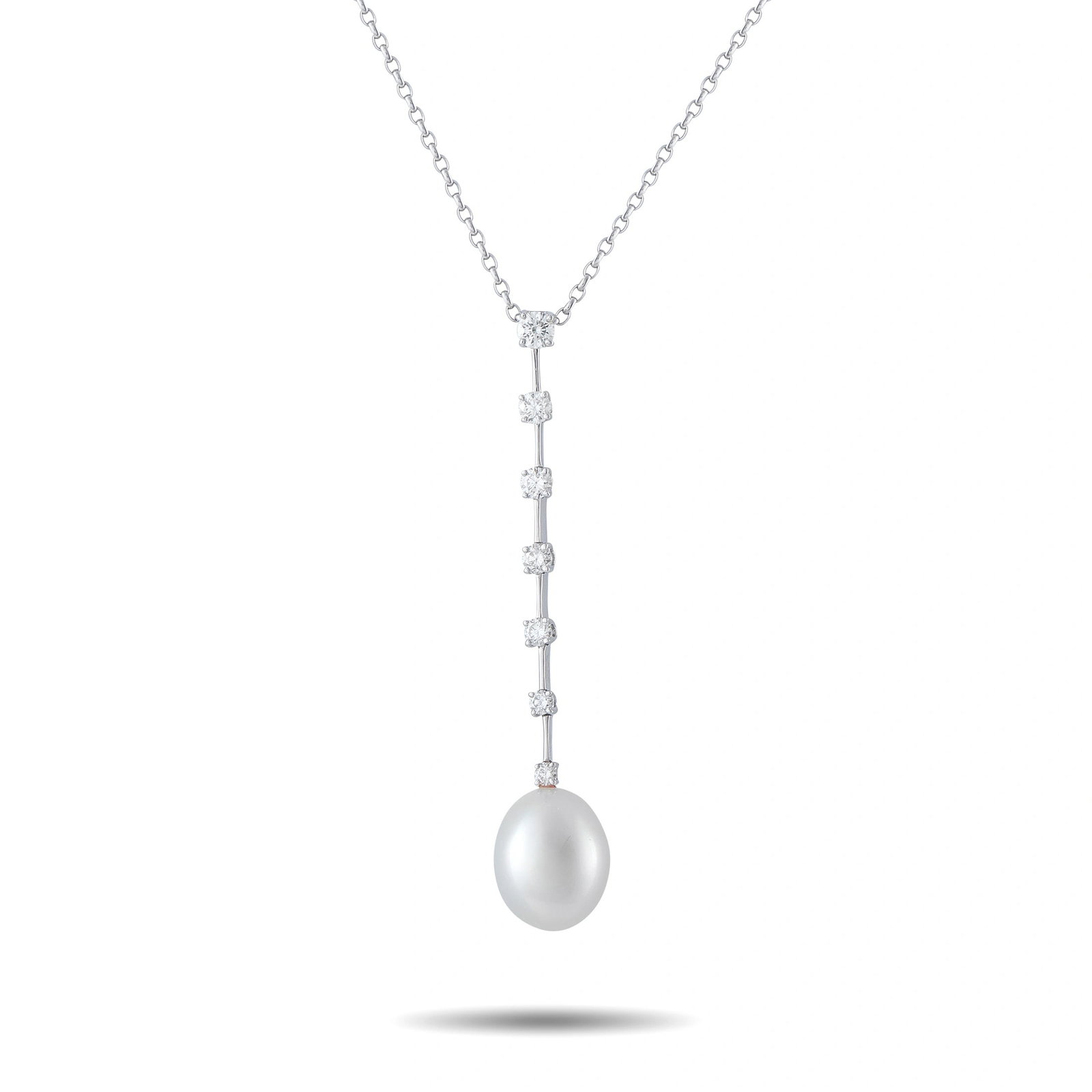 Assael 18K White Gold 0.71ct Diamond Pearl Drop Necklace: This Assael necklace is set in 18K white gold and features a single 14.1 x 11.3mm cultured pearl suspended from a graduated line of round diamonds totaling approximately 0.71 carats. It hangs from a f