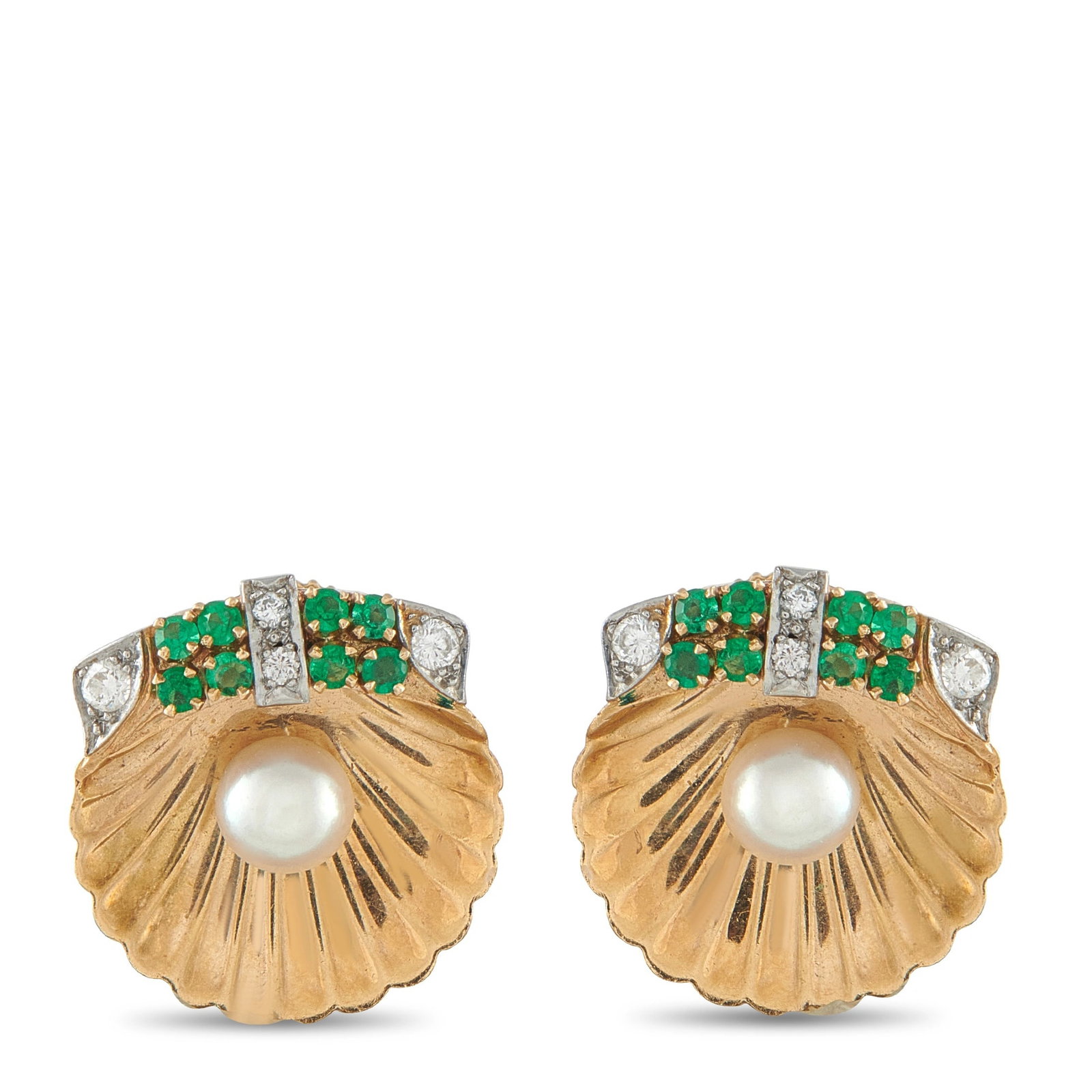 Vintage 14K Yellow Gold 0.20ct Diamond, Emerald, and Pearl Clamshell Earrings (1 of 3)