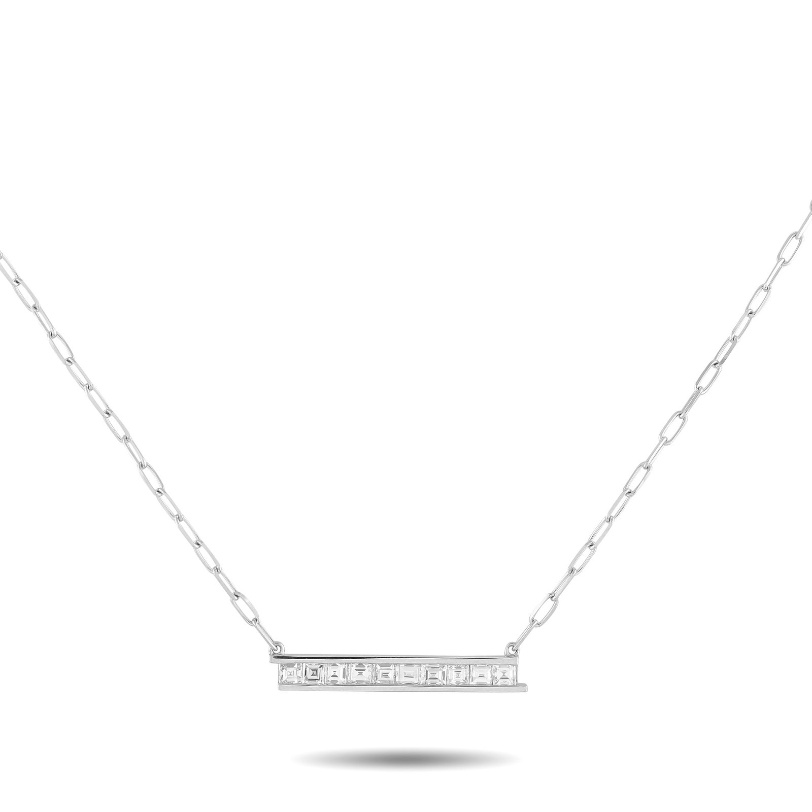 18K White Gold 1.10ct Diamond Bar Link Necklace: This exquisite necklace will instantly capture your imagination. At the center of a delicate 15” paperclip chain, a sleek rectangular pendant is elevated by square-cut Diamonds totaling 1.10 car