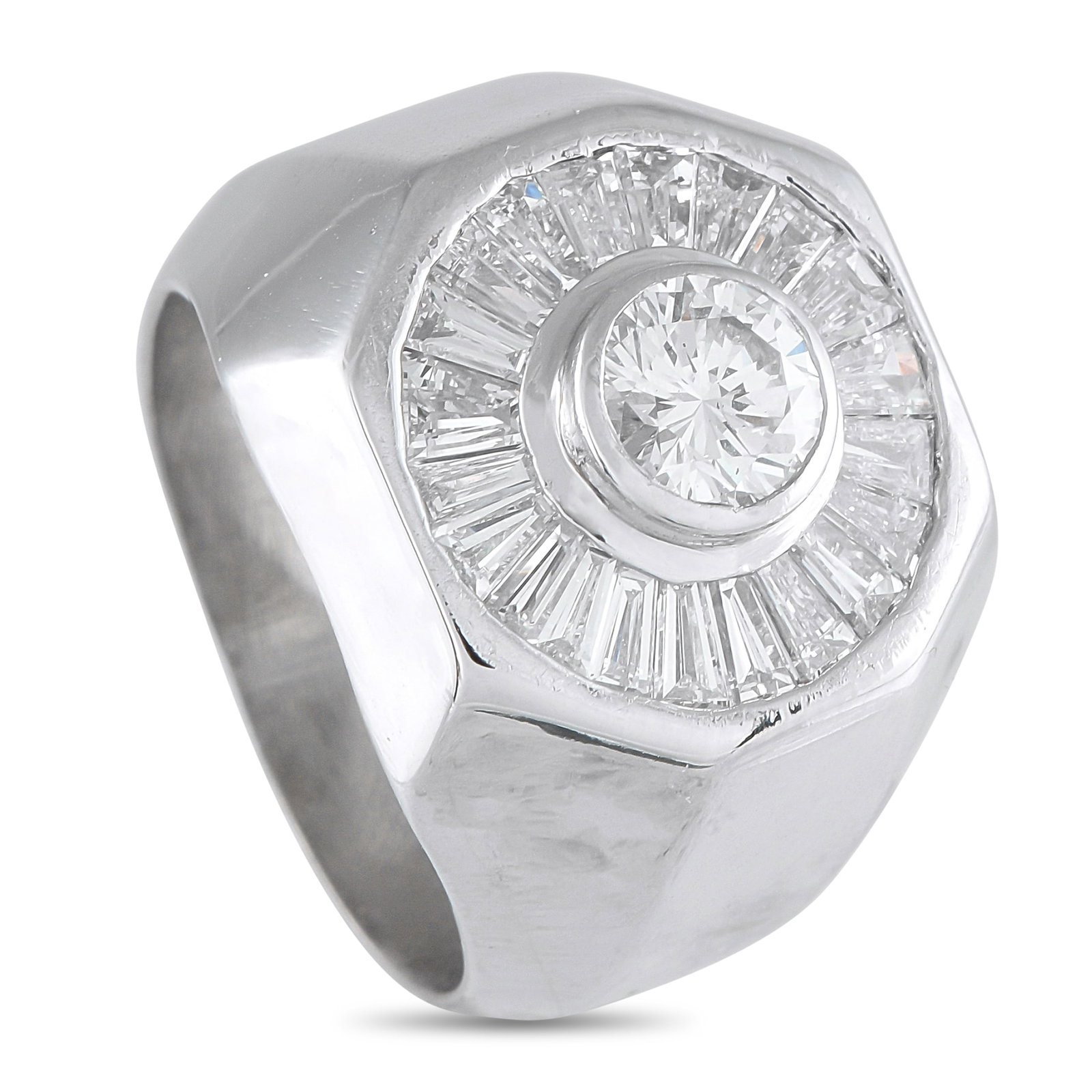 18K White Gold 2.38ct Diamond Ring: This scintillating ring is designed to catch the light. A 0.93 carat Diamond with I color and SI1 clarity makes a statement at the center of the 18K White Gold setting. Diamond baguettes with a total 