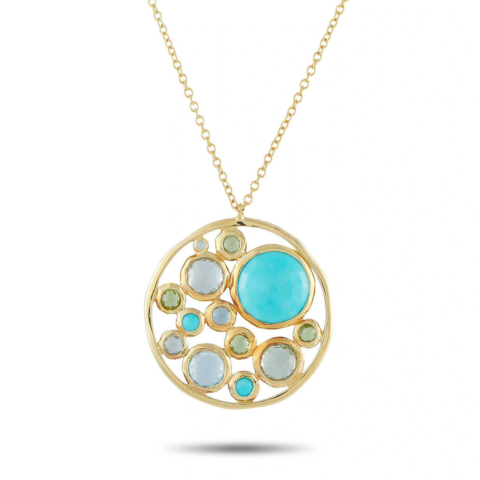 Ippolita Rock Candy 18K Yellow Gold Turquoise, Peridot, and Topaz Lollipop Necklace: A vibrant pendant necklace in 18K yellow gold from Ippolita’s Rock Candy Lollipop collection, featuring an openwork circular disc pendant with a large turquoise cabochon center surrounded by a playf