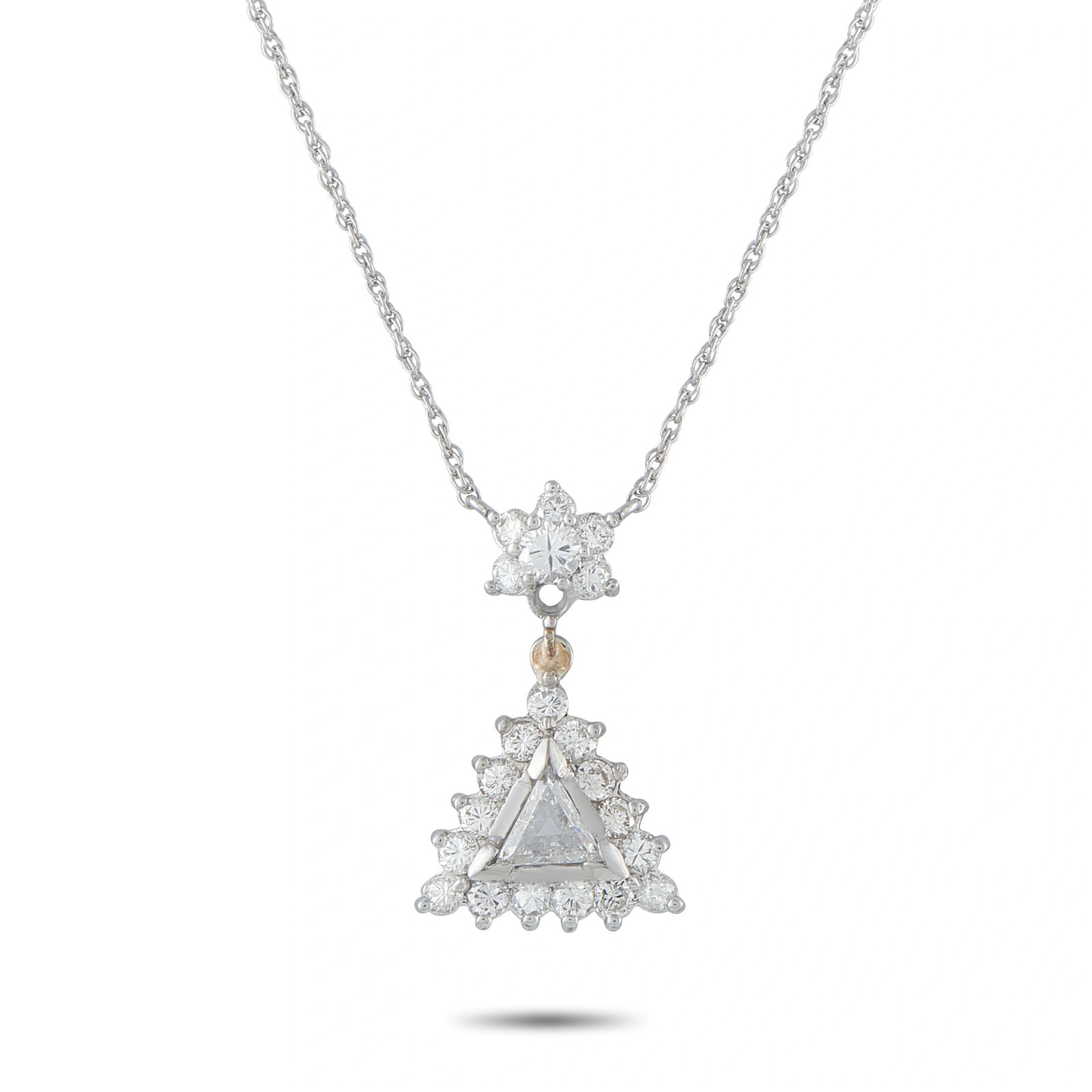 14K White Gold 1.25ct Diamond Triangular Halo Pendant: A striking pendant necklace in 14K white gold, centering a trillion-cut diamond within a triangular diamond halo. The pendant is suspended from a diamond flower cluster connector accented with a delic