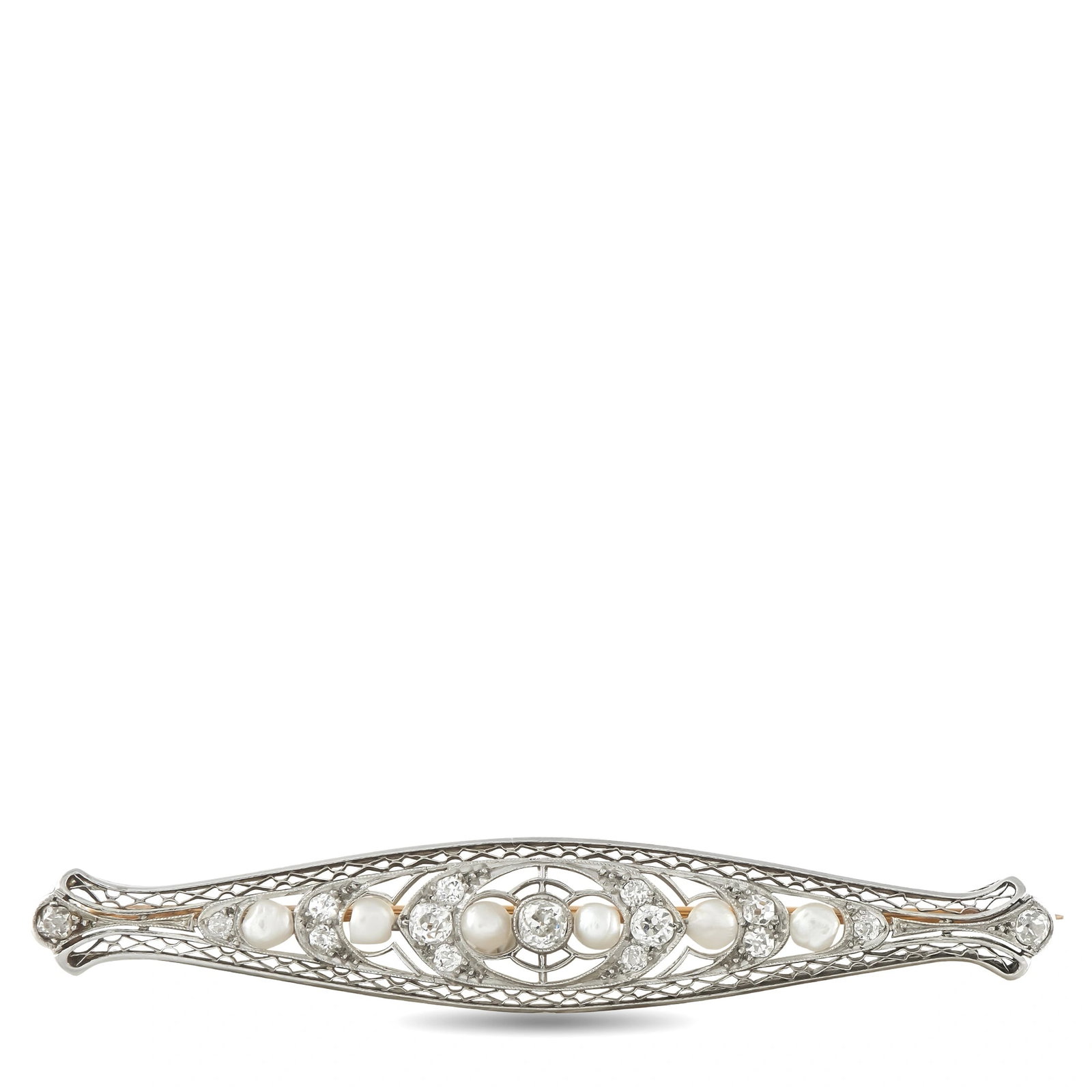 Platinum and 14K Yellow Gold 0.60ct Diamond and Pearl Brooch: A sleek, sophisticated design makes this luxury brooch an effortless addition to any ensemble. Crafted from a combination of Platinum and 14K Yellow Gold, the detailed setting recalls Art Deco eleganc