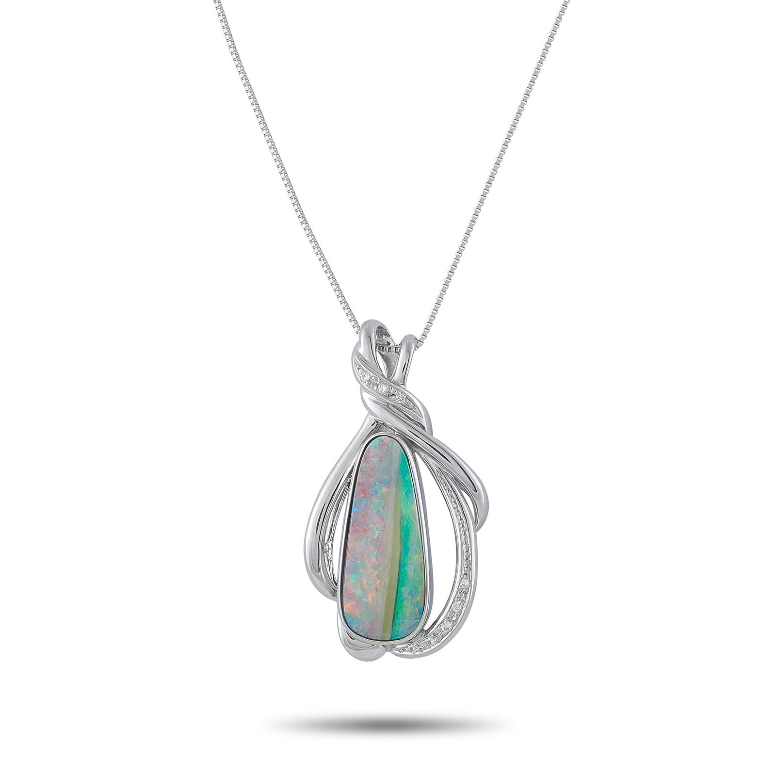 Platinum 0.06ct Diamond and Opal Pendant: A one-of-a-kind freeform pendant in platinum, showcasing an 8.35 ct boulder opal with vivid play-of-color in greens, pinks, and blues, enveloped in sweeping ribbon-form platinum bands set with 0.06 ct