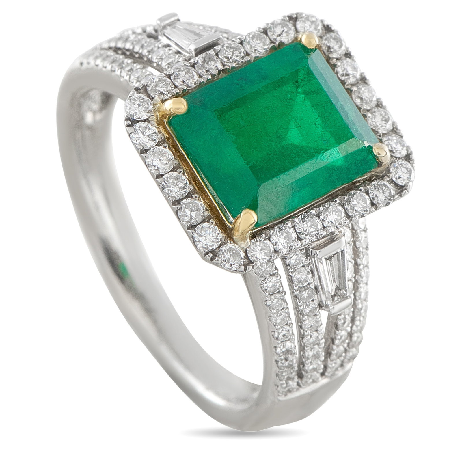 18K White Gold 0.60ct Diamond and Colombian Emerald Ring: A vibrant 2.0 carat Colombian Emerald makes a statement at the center of this luxury ring. Set in 18K White Gold, Diamonds with a total weight of 0.60 carats add an elegant finishing touch. With a 2mm