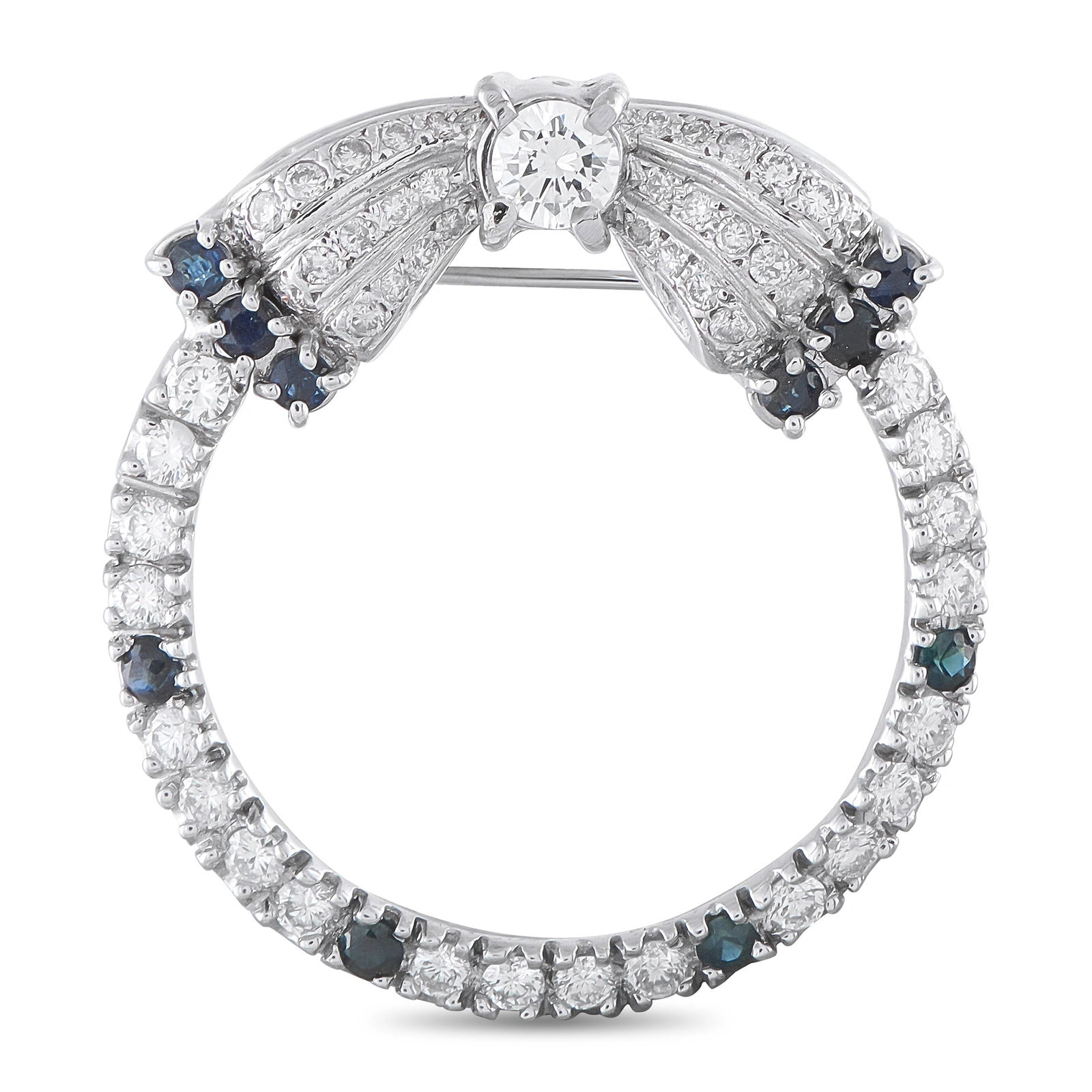 Vintage Platinum 1.50ct Diamond and Sapphire Open Circle Bow Brooch