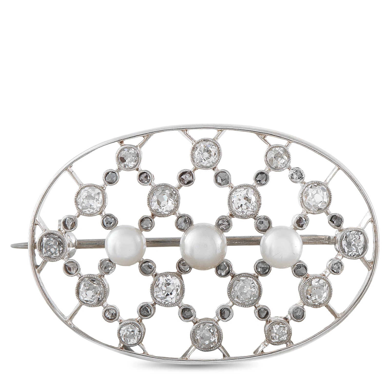 14K White Gold 1.30ct Diamond and Pearl Oval Openwork Brooch: An exceptional estate piece in 14K white gold, this Edwardian-inspired oval openwork brooch showcases 1.30 carats total weight of old mine cut and rose-cut diamonds set throughout an elegant lattice f