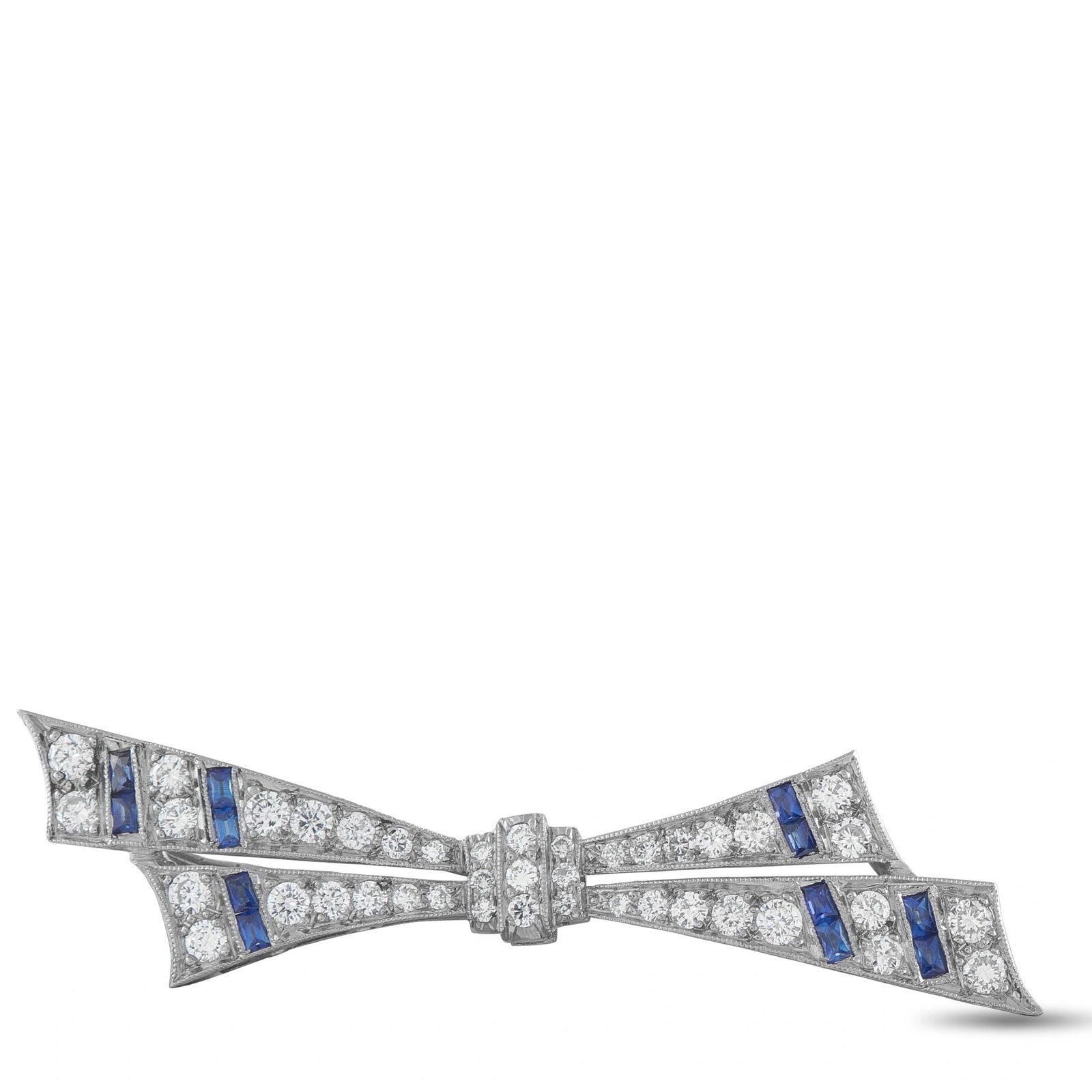 Platinum 0.90ct Diamond and Sapphire Bow Brooch: A graceful estate platinum bow brooch in the Art Deco tradition, exquisitely pavé-set with round brilliant diamonds totaling 0.90 carats throughout its elegant ribbon form. Calibré-cut blue sapphire