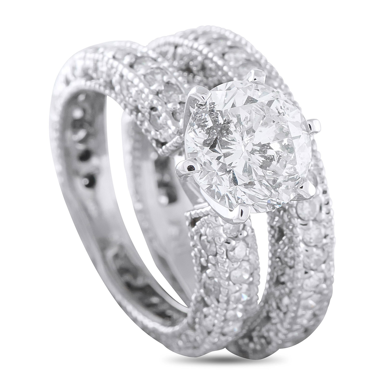 14K White Gold 4.60ct Diamond Ring: This two-piece ring set pairs together perfectly. A 2.76 carat Diamond center stone effortlessly catches the light, while Diamonds with a total weight of 1.84 carats elevate both the ring and the