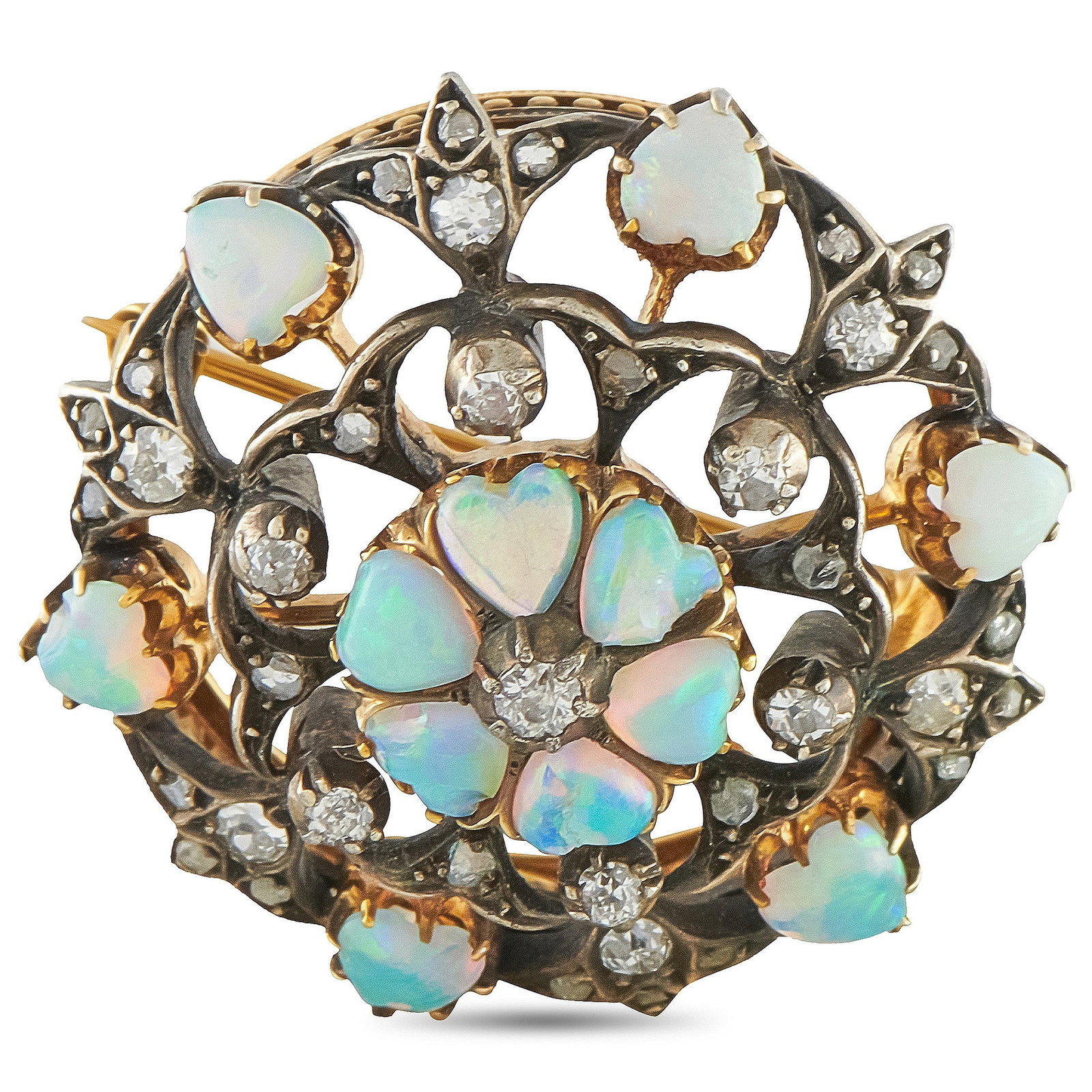 Antique 14K Yellow Gold Diamond and Opal Brooch: This antique brooch is filled with intricate details. Crafted from 14K Yellow Gold, the openwork design beautifully showcases fiery Opal gemstones and sparkling Diamond accents. It measures