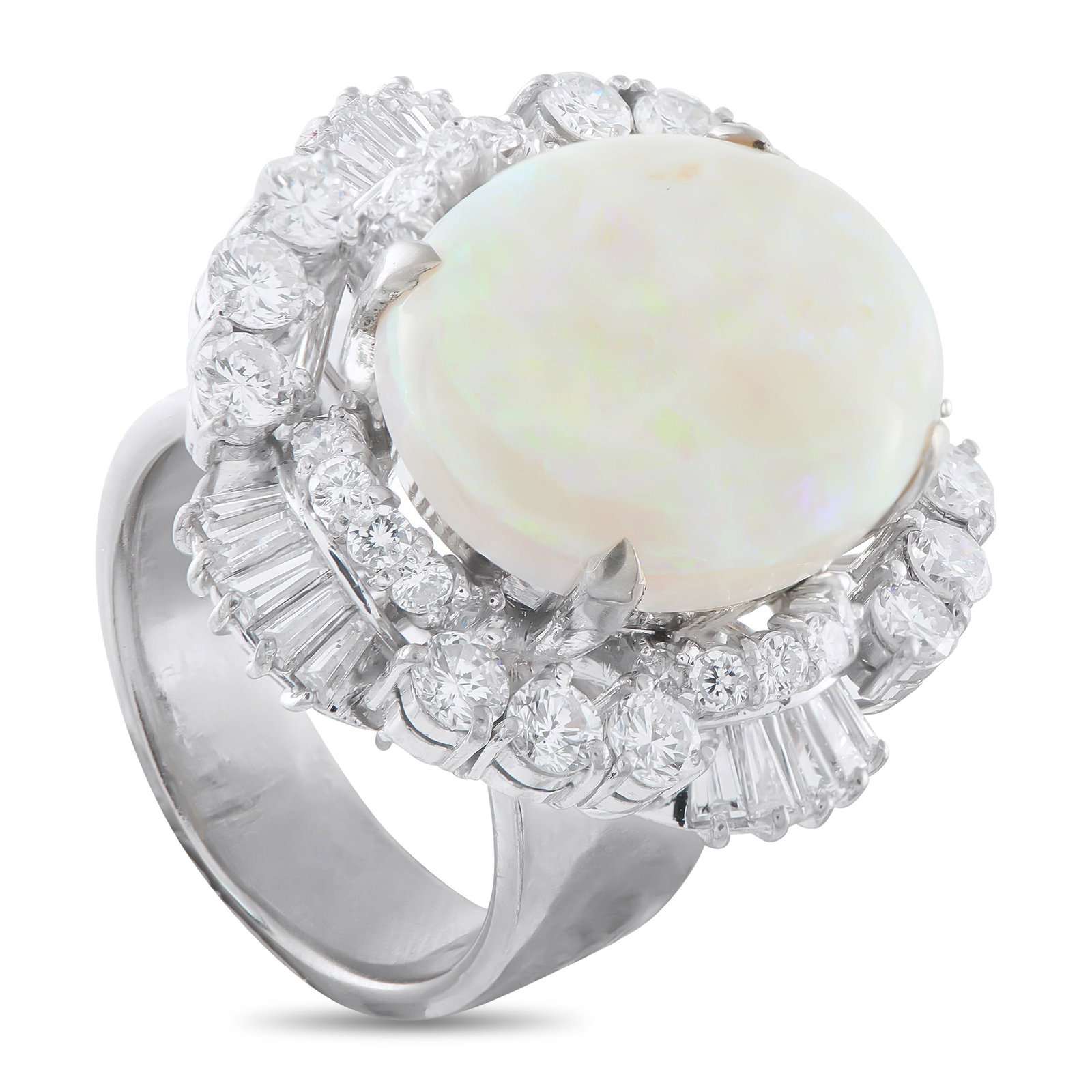 14K White Gold 3.0ct Diamond and Opal Ring: A fiery 8.0 carat Opal center stone provides this luxury ring with an ethereal quality. Surrounding the center stone, sparkling Diamonds with a total weight of 3.0 carats add traditional sparkle to