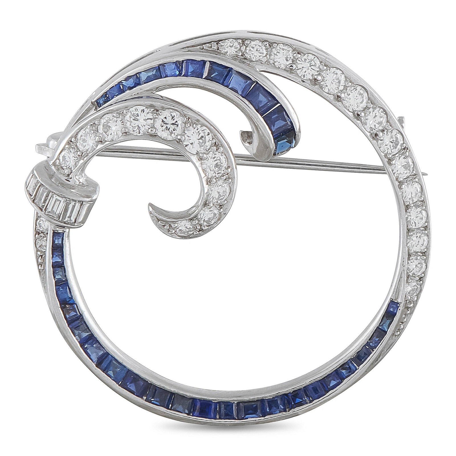Vintage Platinum 1.0ct Diamond and Sapphire Brooch: This vintage brooch is filled with delicate details. Set in Platinum, a ribbon-like design adds a sense of fluidity to the simple, circular setting. Diamonds with a total weight of 1.0 carats are