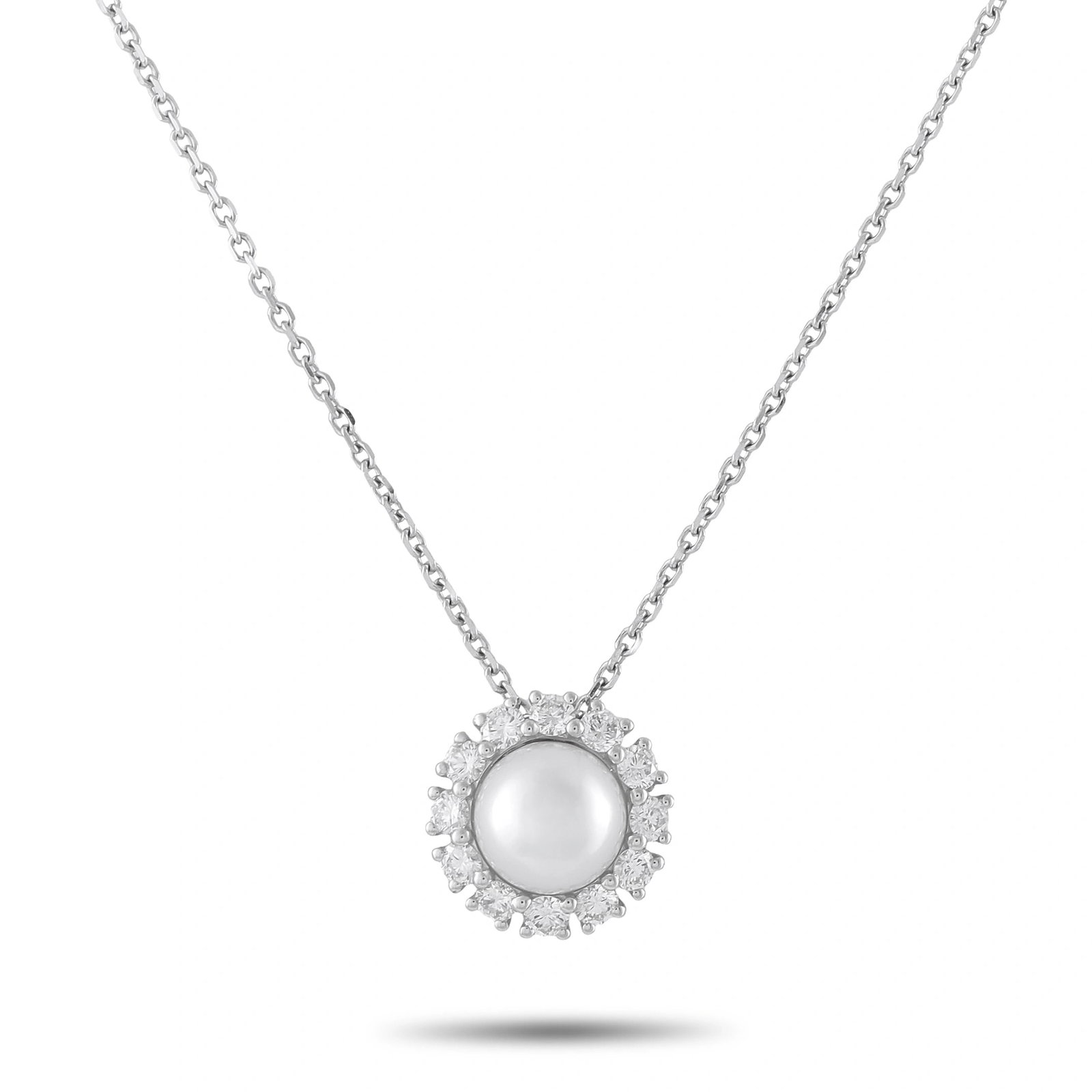 Assael 18K White Gold 0.67ct Diamond and Pearl Halo Necklace: This Assael necklace is crafted in 18K white gold and centers on a lustrous 8mm cultured pearl encircled by a halo of round diamonds totaling approximately 0.67 carats. The round pendant measures