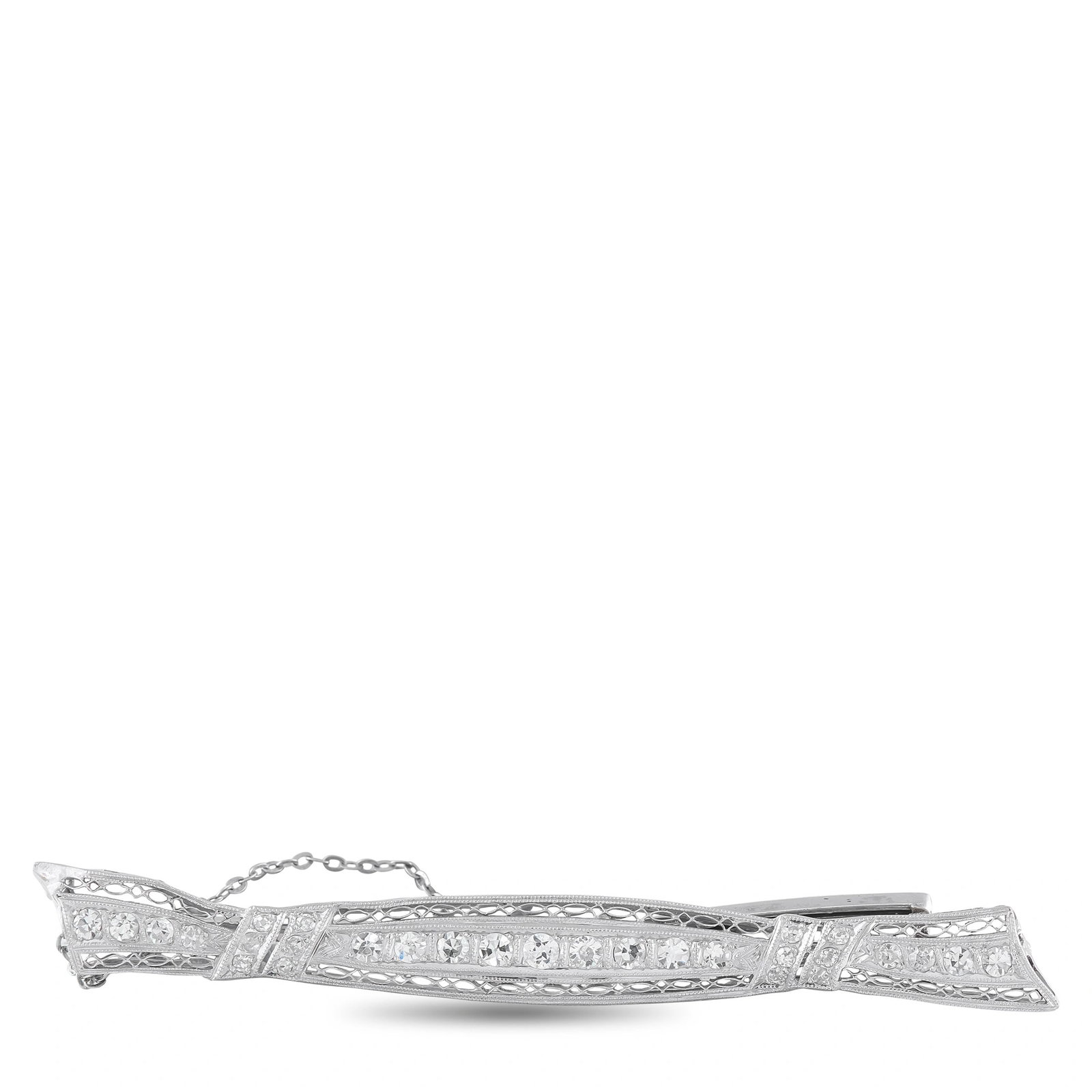 Platinum and 14K White Gold 1.0ct Diamond Art Deco Bar Brooch: A distinguished Art Deco bar brooch in platinum and 14K white gold, set with a continuous row of old European cut diamonds channel-set along the center bar, flanked by elaborate openwork filigree