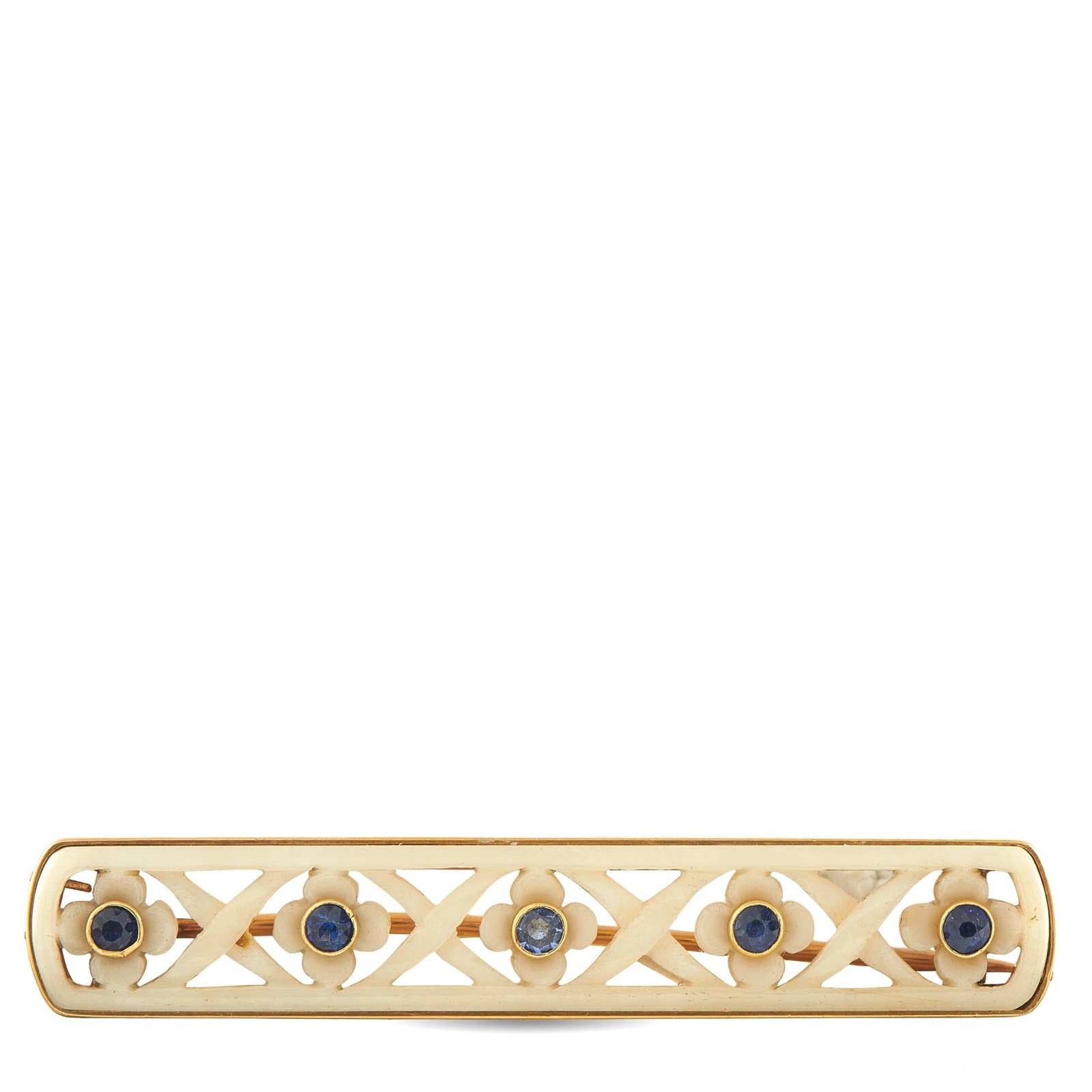 18K Yellow Gold Sapphire and Carved Stone Bar Brooch: An exquisite example of French antique jeweled artistry, this estate bar brooch features a beautifully hand-carved antique stone plaque set within an 18K yellow gold frame. The antique carved stone is