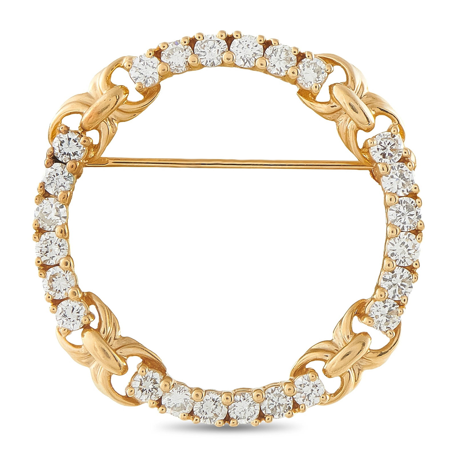 14K Yellow Gold 1.20ct Diamond Open Circle Brooch: A refined estate brooch crafted in 14K yellow gold, this striking open circle design features 1.20 carats total weight of round brilliant-cut diamonds pavé-set within alternating sections of the circ