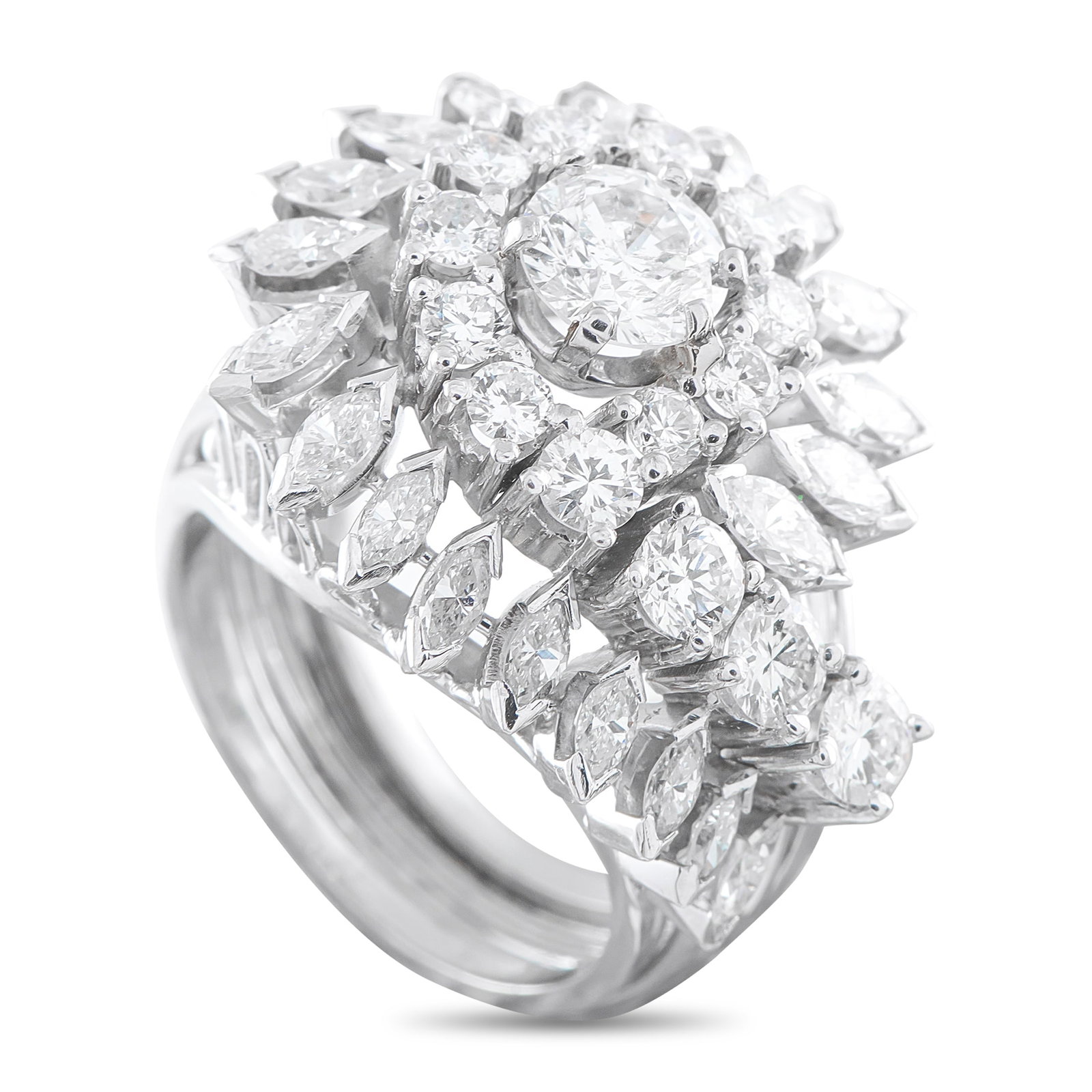 Platinum 3.60ct Diamond Ring: This ring is poised to continually take your breath away. Set in Platinum, Diamonds with a total weight of 3.60 carats sparkle every time it catches the light. It features a 6mm wide band and an 11mm 