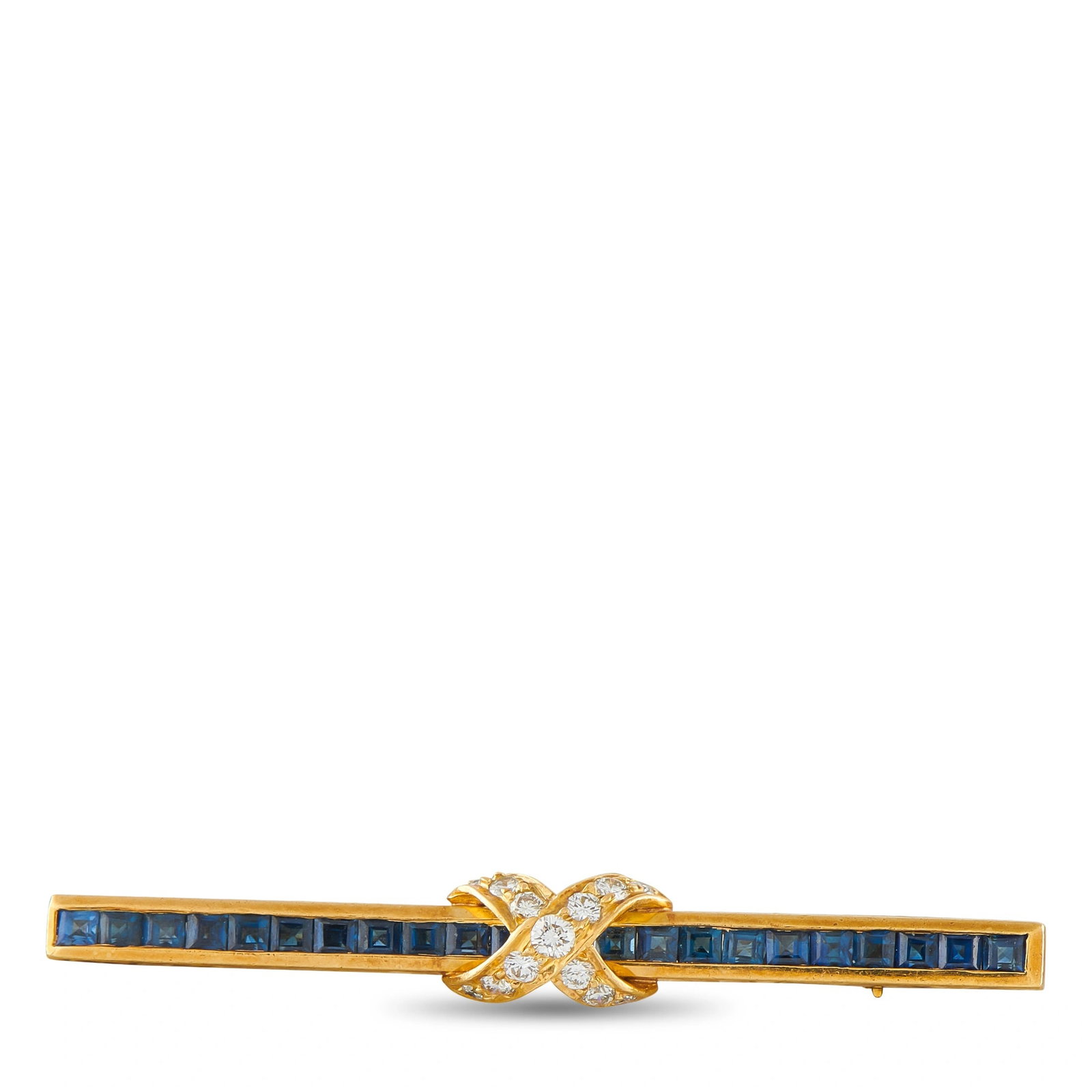 18K Yellow Gold 0.30ct Diamond and Sapphire Pin: An elegant bar brooch in 18K yellow gold, set with a continuous channel of square-cut blue sapphires totaling 0.80 carats along its full length, centered by a pave diamond crossover X motif totaling 0
