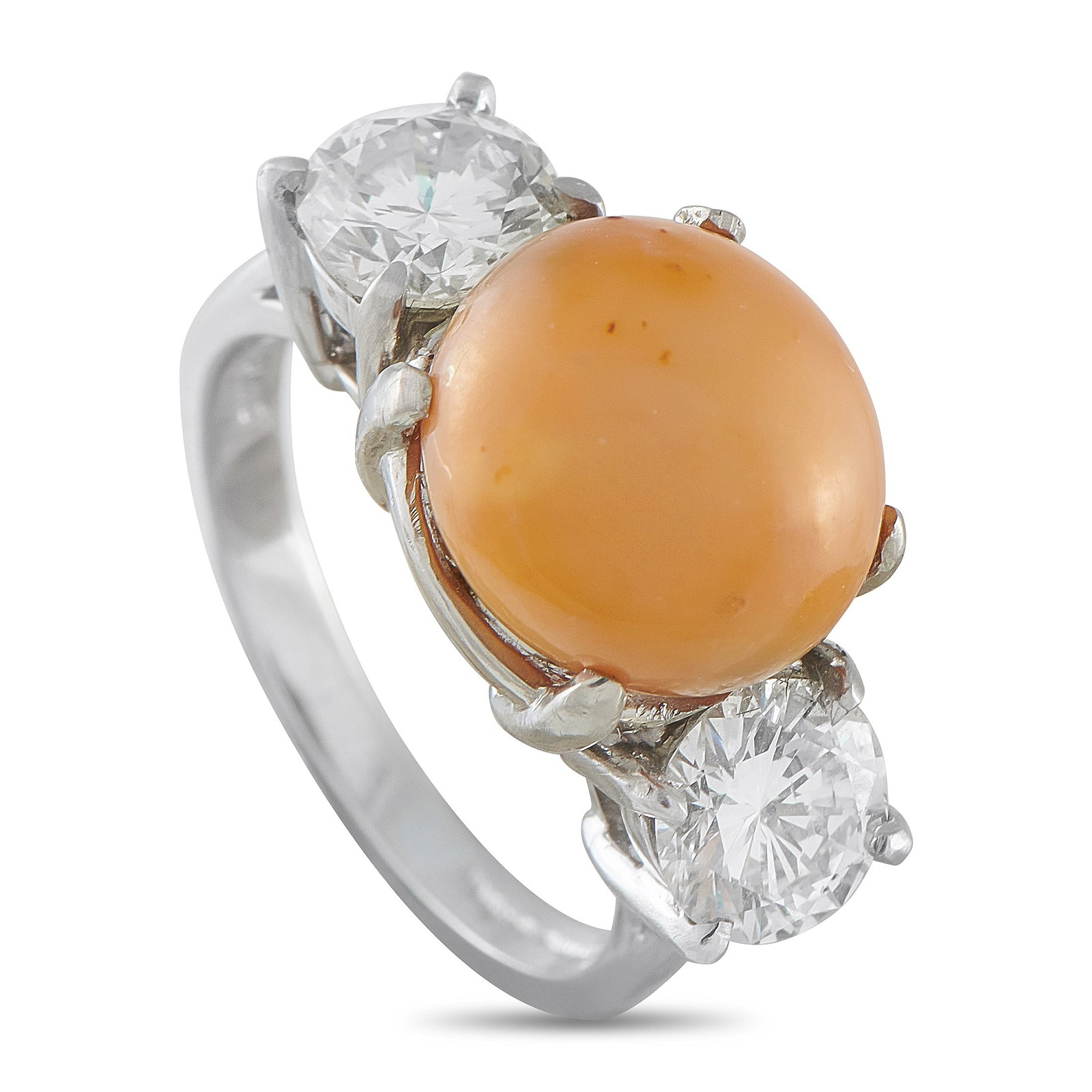 Platinum 1.80ct Diamond and Conch Pearl Ring: Add color and sparkle to any ensemble with this exquisite luxury ring. An 8.0 carat Conch Pearl adds warmth to the center of the design, while sparkling Diamonds totaling 1.80 carats offer traditional