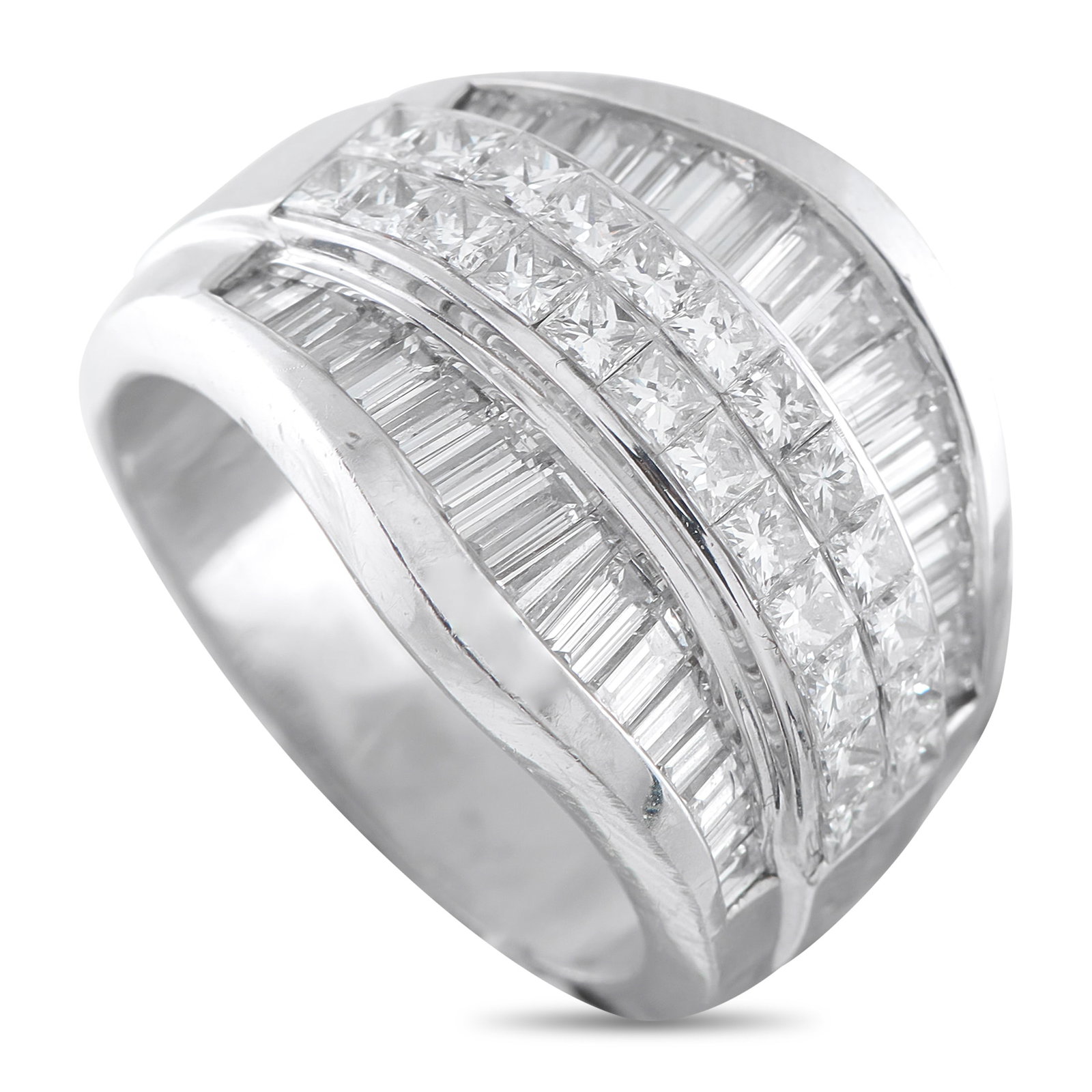 18K White Gold 3.12ct Diamond Multi-Row Wide-Band: This wide band ring is crafted in white gold with multiple diamond rows arranged across a gently curved surface. Two central rows feature invisible-set princess-cut diamonds, creating an